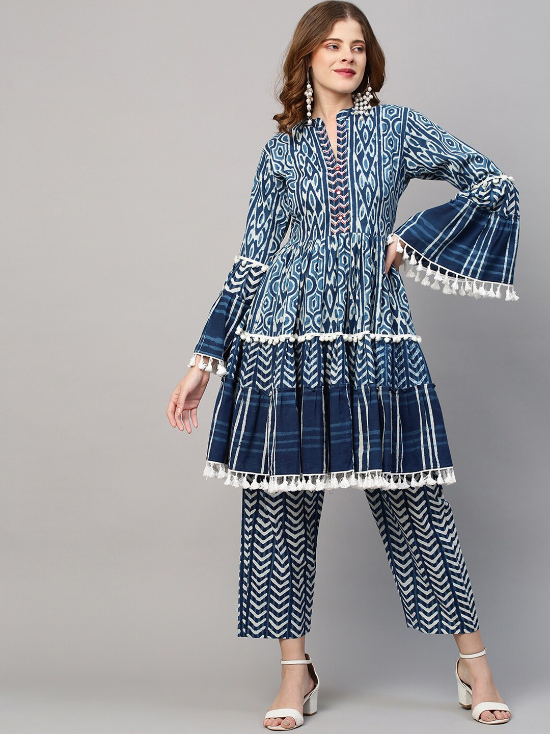 

FASHOR Women Blue Pleated Mirror Work Pure Cotton Kurti with Trousers