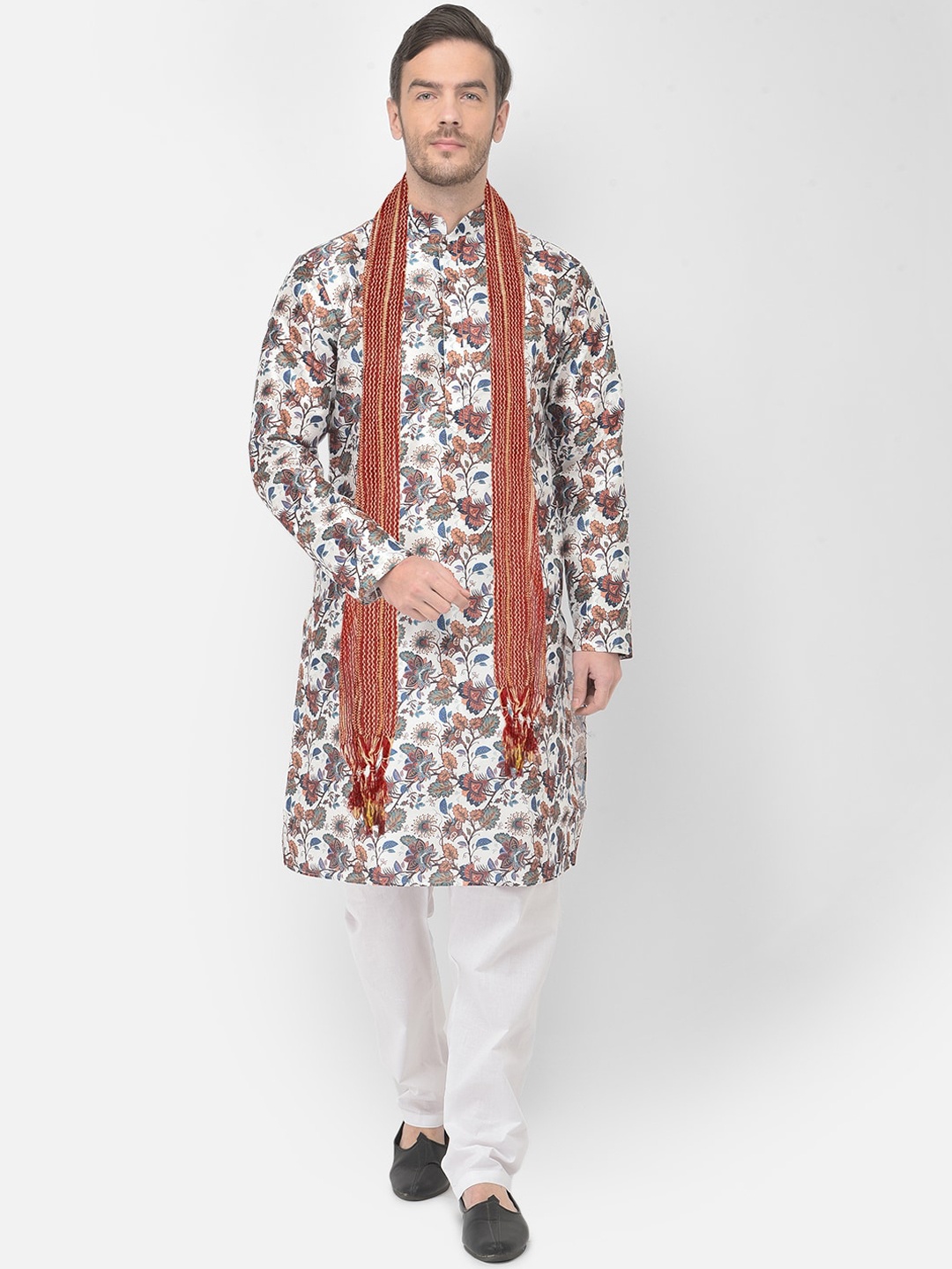 

SG LEMAN Men White Floral Printed Raw Silk Kurta with Churidar & With Dupatta