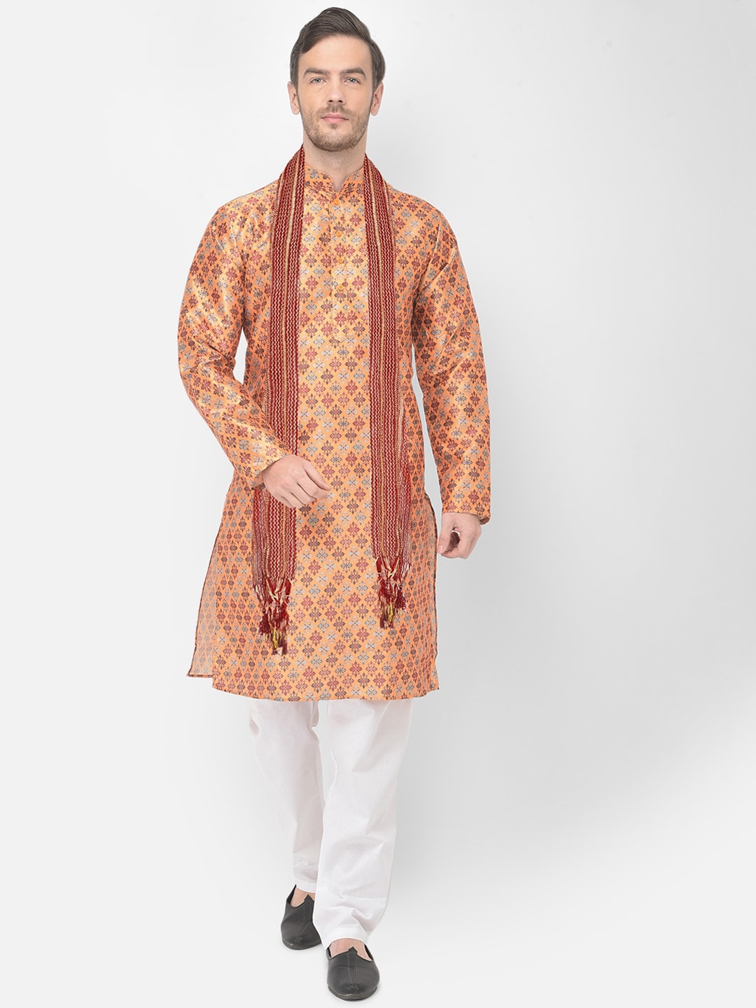 

SG LEMAN Men Yellow Ethnic Motifs Embroidered Layered Raw Silk Kurta with Pyjamas & With Dupatta
