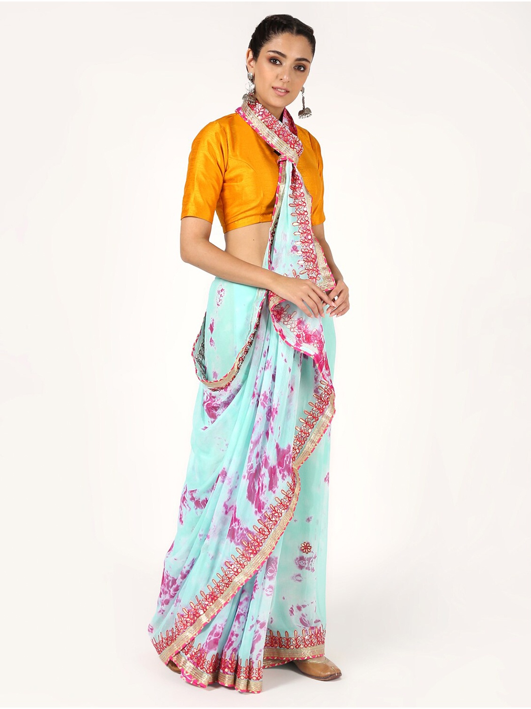 

Kastiel Turquoise Blue & Pink Tie and Dye Saree