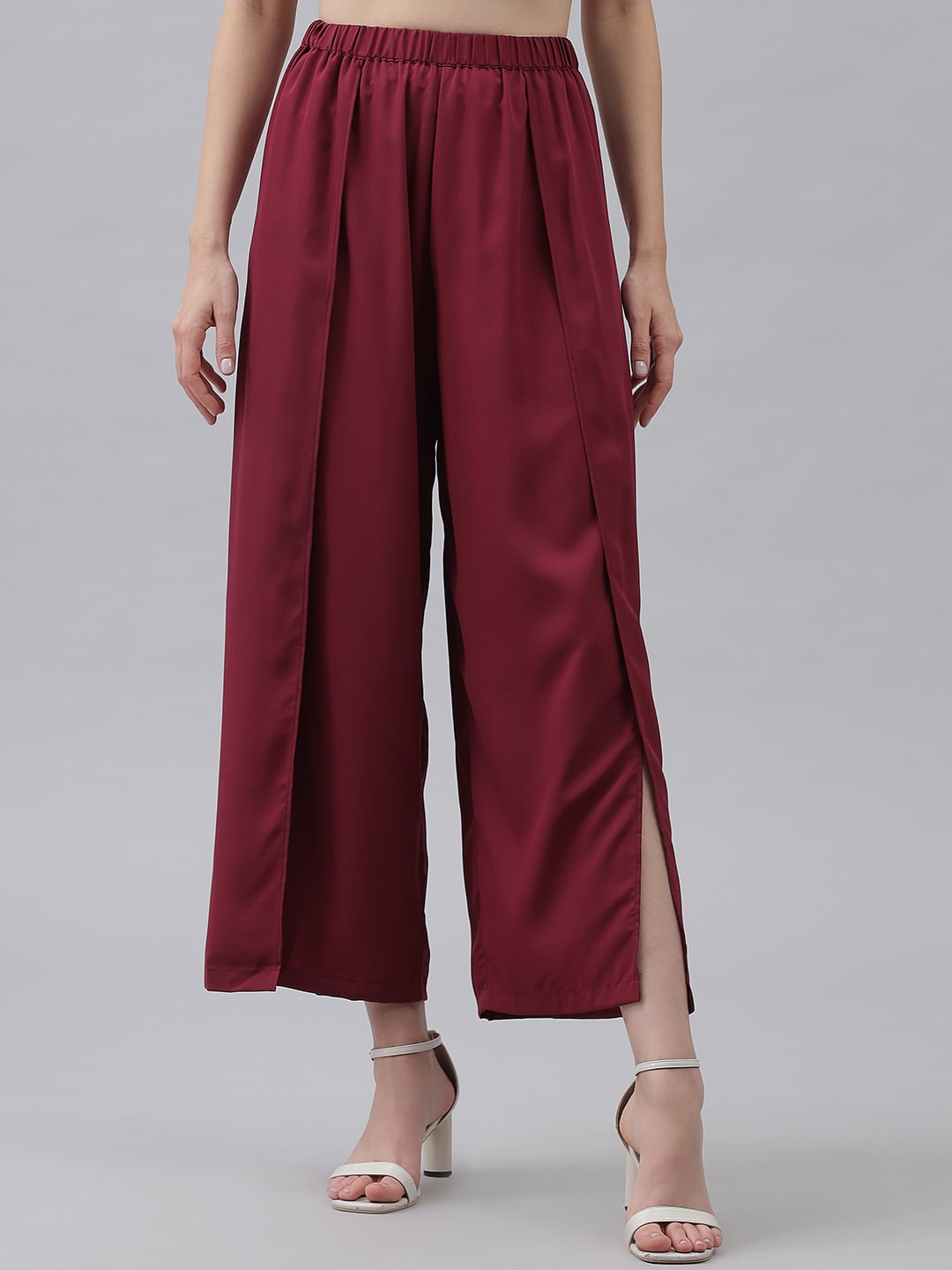 

emeros Women Maroon Custom Flared High-Rise Wrinkle Free Trousers
