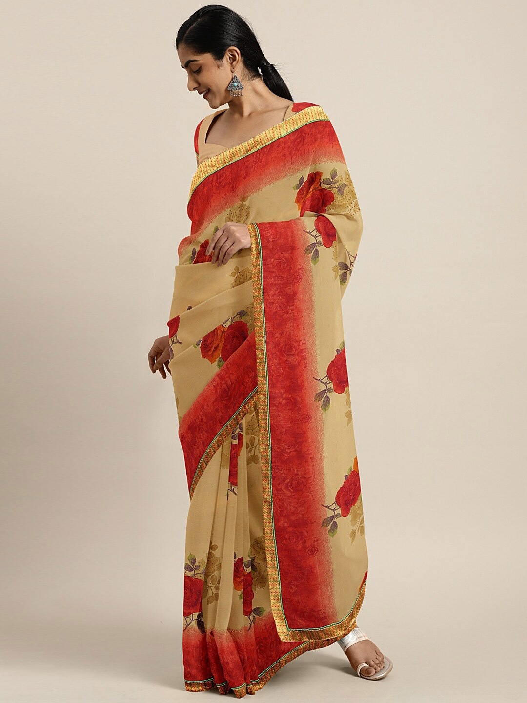 

SHAVYA Beige & Red Floral Embroidered Pure Georgette Saree