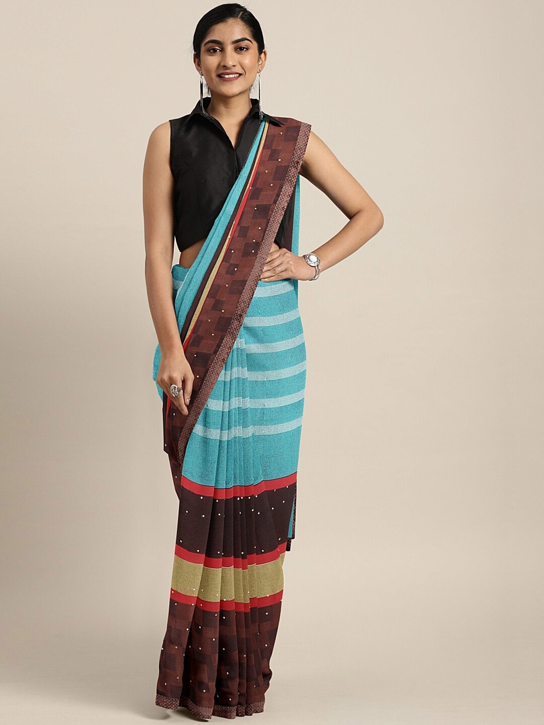 

SHAVYA Brown & Blue Embroidered Pure Georgette Saree