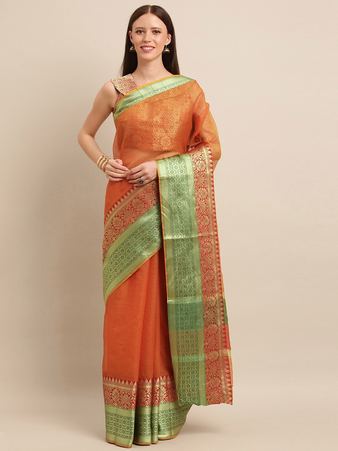 

SHAVYA Orange & Green Woven Design Zari Pure Cotton Banarasi Saree