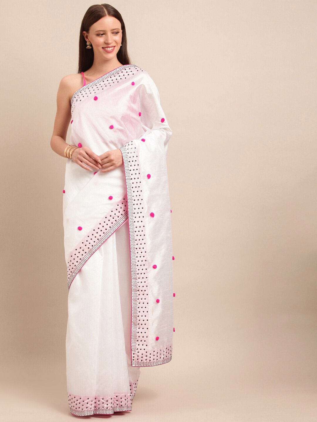 

SHAVYA White & Pink Embellished Beads and Stones Silk Blend Saree