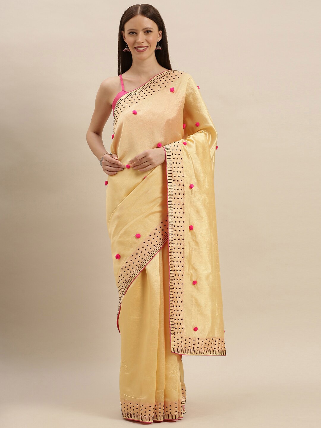 

SHAVYA Gold-Toned & Pink Embellished Beads and Stones Silk Blend Saree
