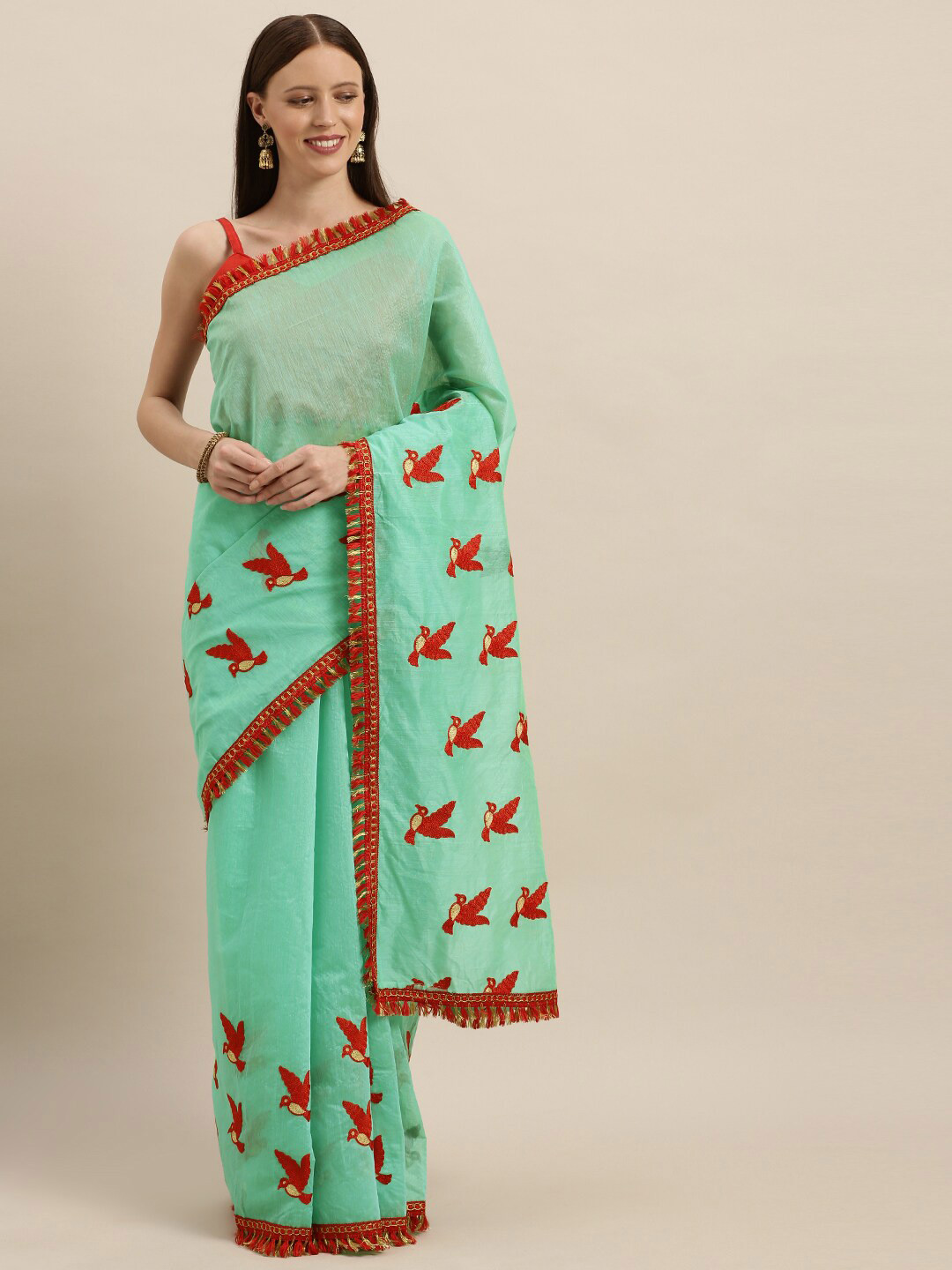 

SHAVYA Turquoise Blue & Orange Ethnic Motifs Embroidered Saree