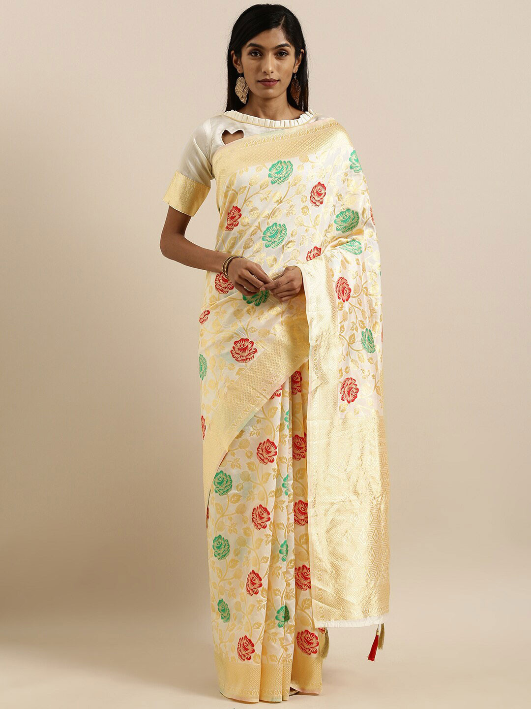 

SHAVYA White & Gold-Toned Woven Design Zari Silk Blend Banarasi Saree