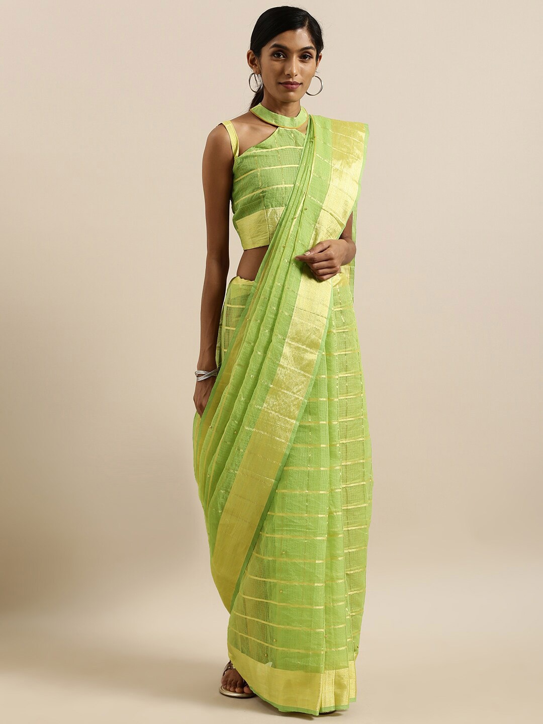 

SHAVYA Green & Gold-Toned Embellished Beads and Stones Jute Cotton Kota Saree
