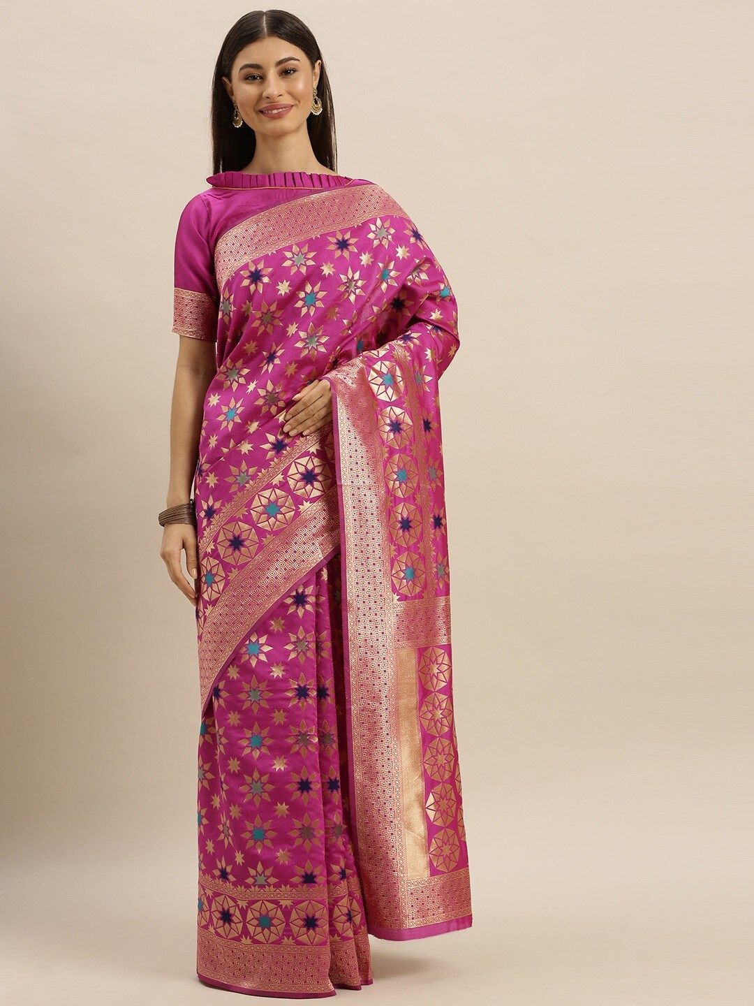 

SHAVYA Pink & Gold-Toned Woven Design Zari Pure Silk Banarasi Saree