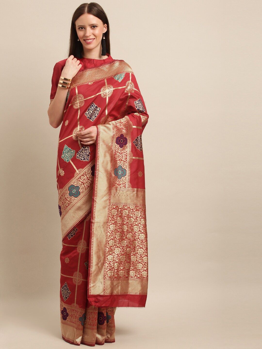 

SHAVYA Red & Gold-Toned Woven Design Zari Pure Silk Banarasi Saree