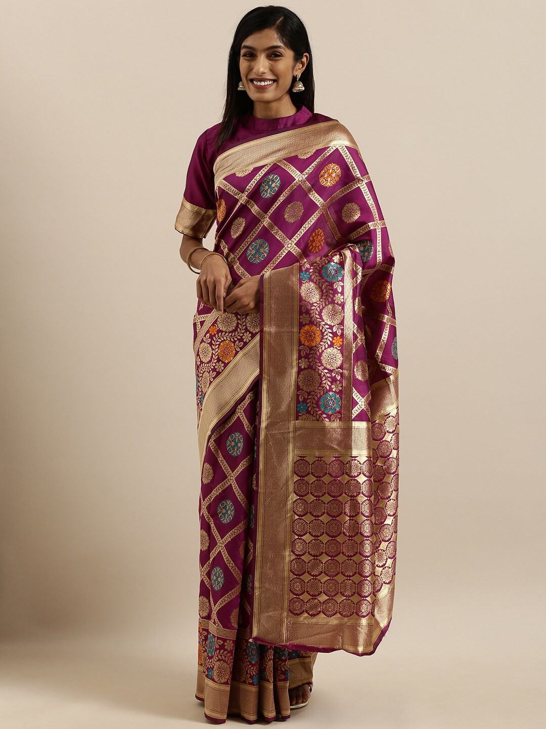 

SHAVYA Purple & Gold-Toned Floral Zari Pure Silk Banarasi Saree