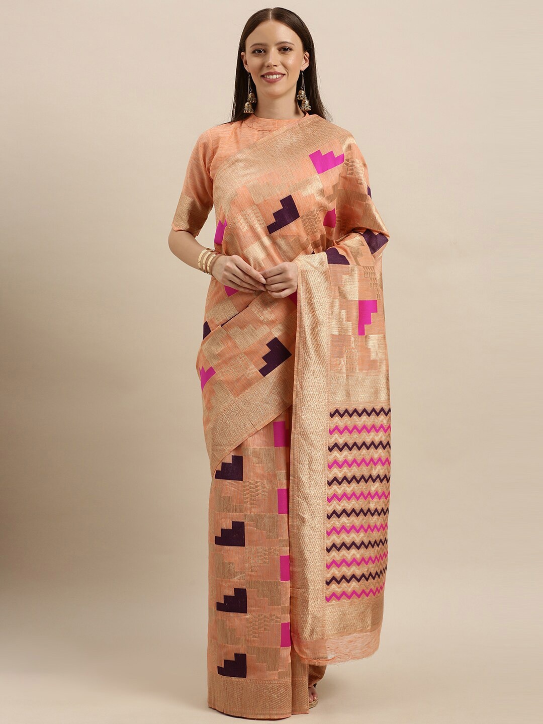 

SHAVYA Orange & Pink Woven Design Zari Pure Silk Banarasi Saree