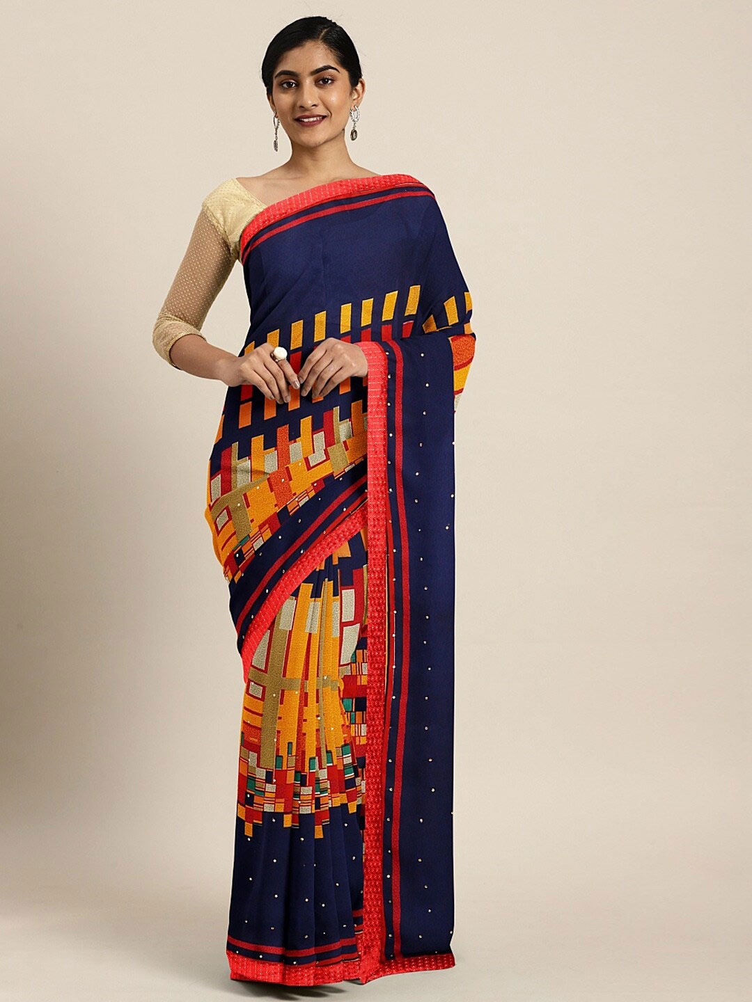 

SHAVYA Navy Blue & Yellow Embroidered Pure Georgette Saree