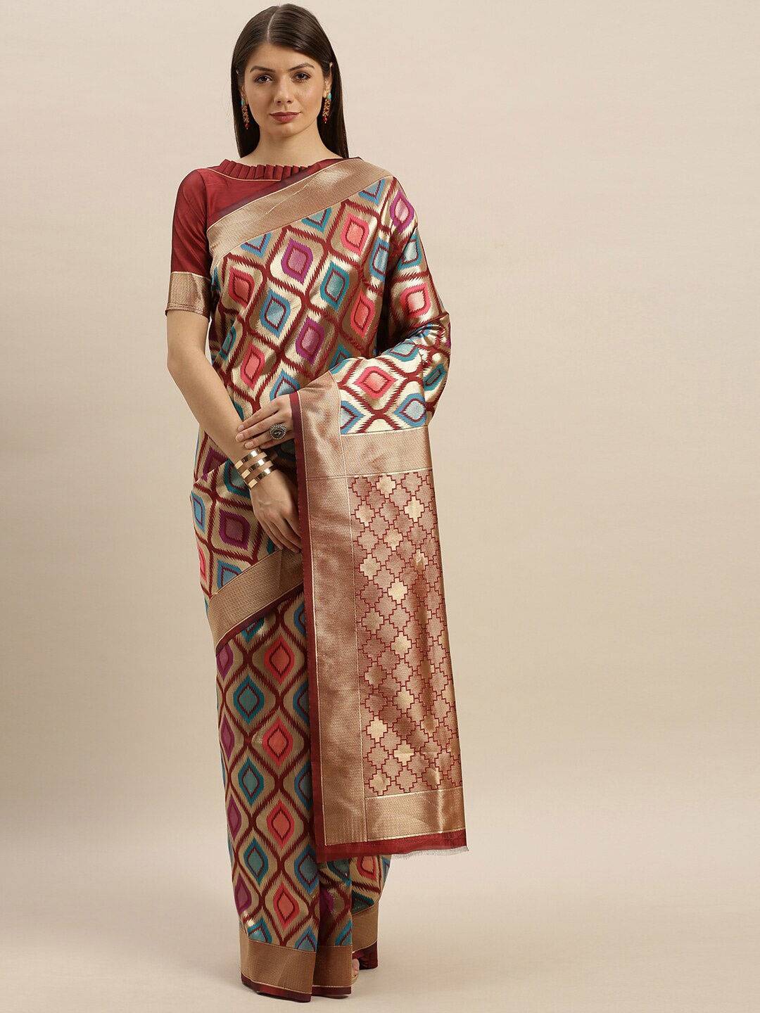 

SHAVYA Maroon & Blue Woven Design Zari Pure Silk Banarasi Saree