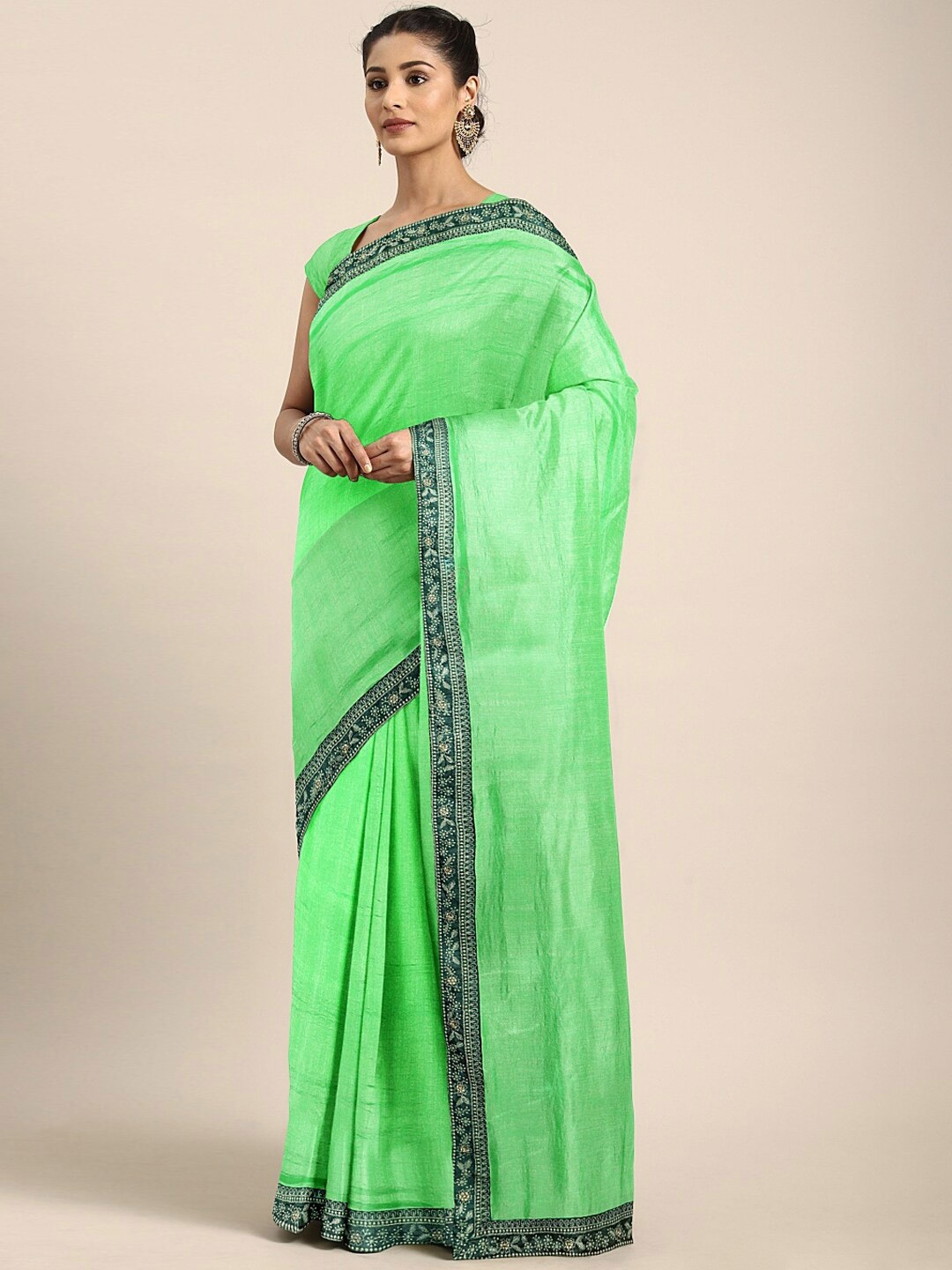 

SHAVYA Fluorescent Green Embroidered Silk Blend Saree