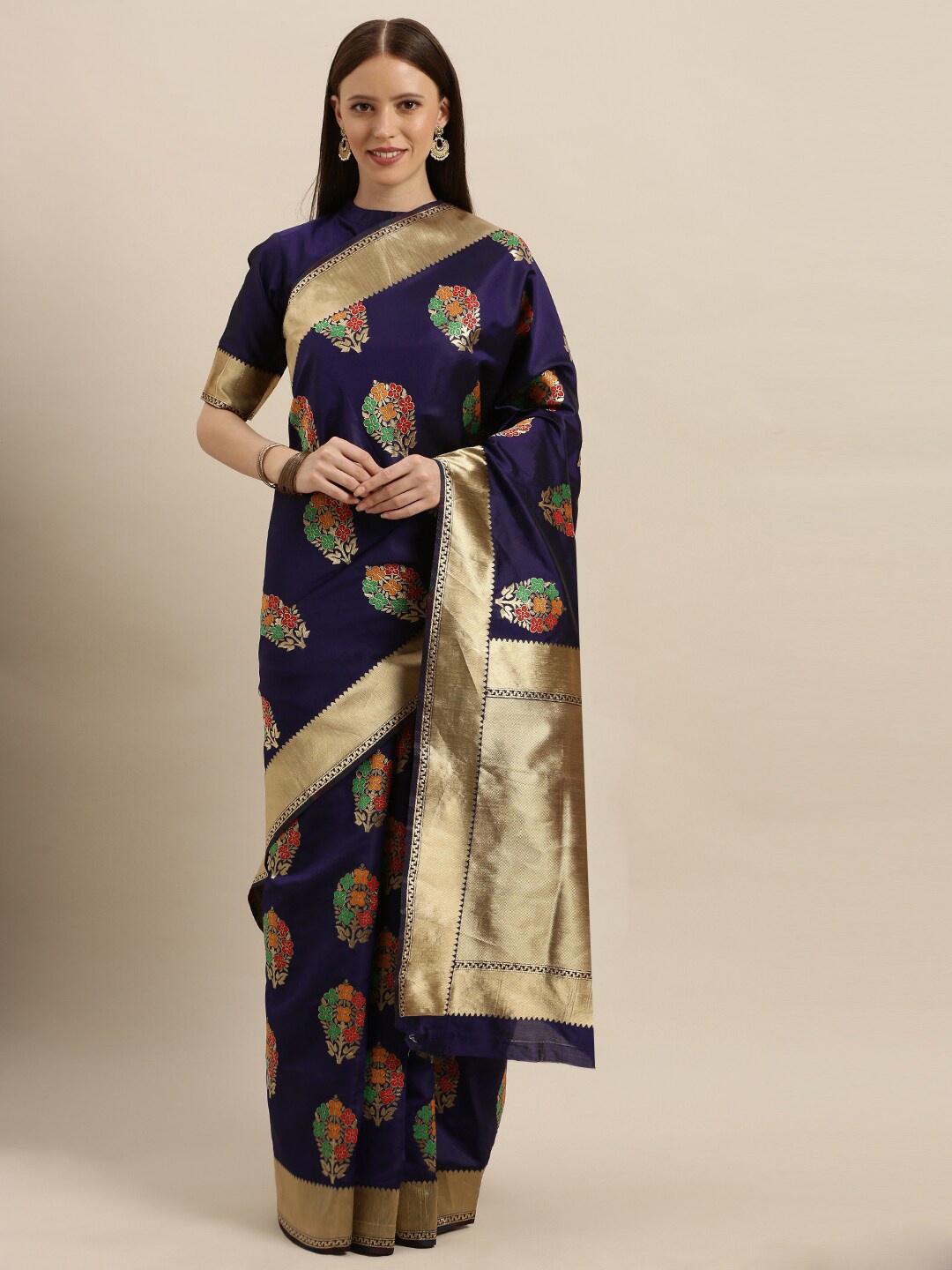 

SHAVYA Navy Blue & Gold-Toned Woven Design Zari Pure Silk Banarasi Saree