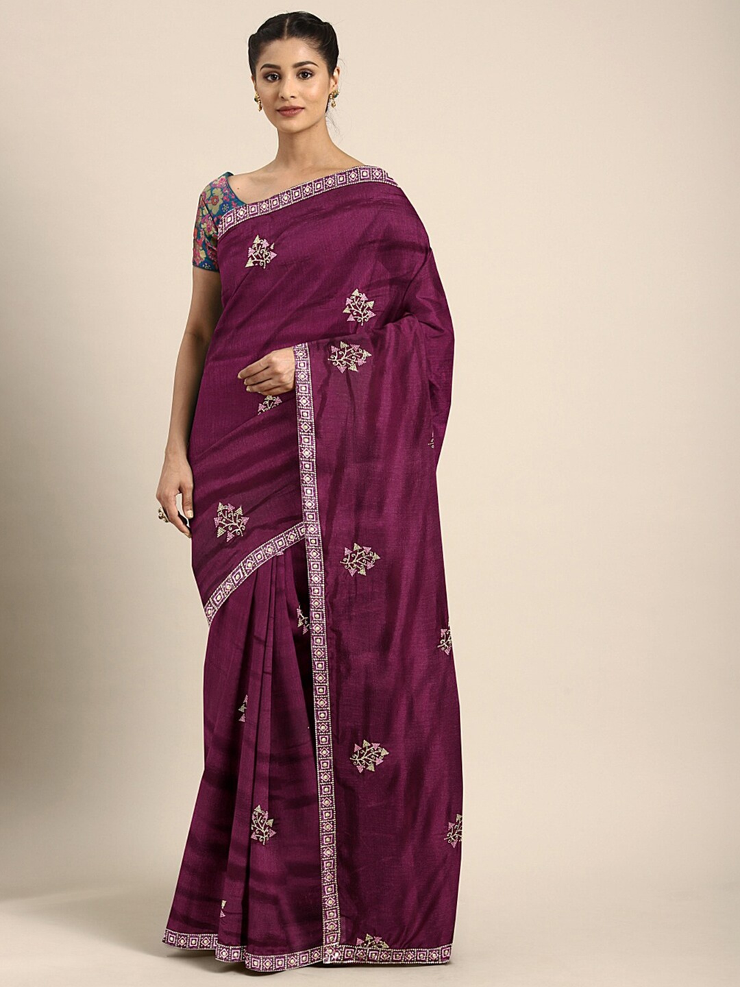 

SHAVYA Burgundy Embellished Sequinned Silk Blend Saree