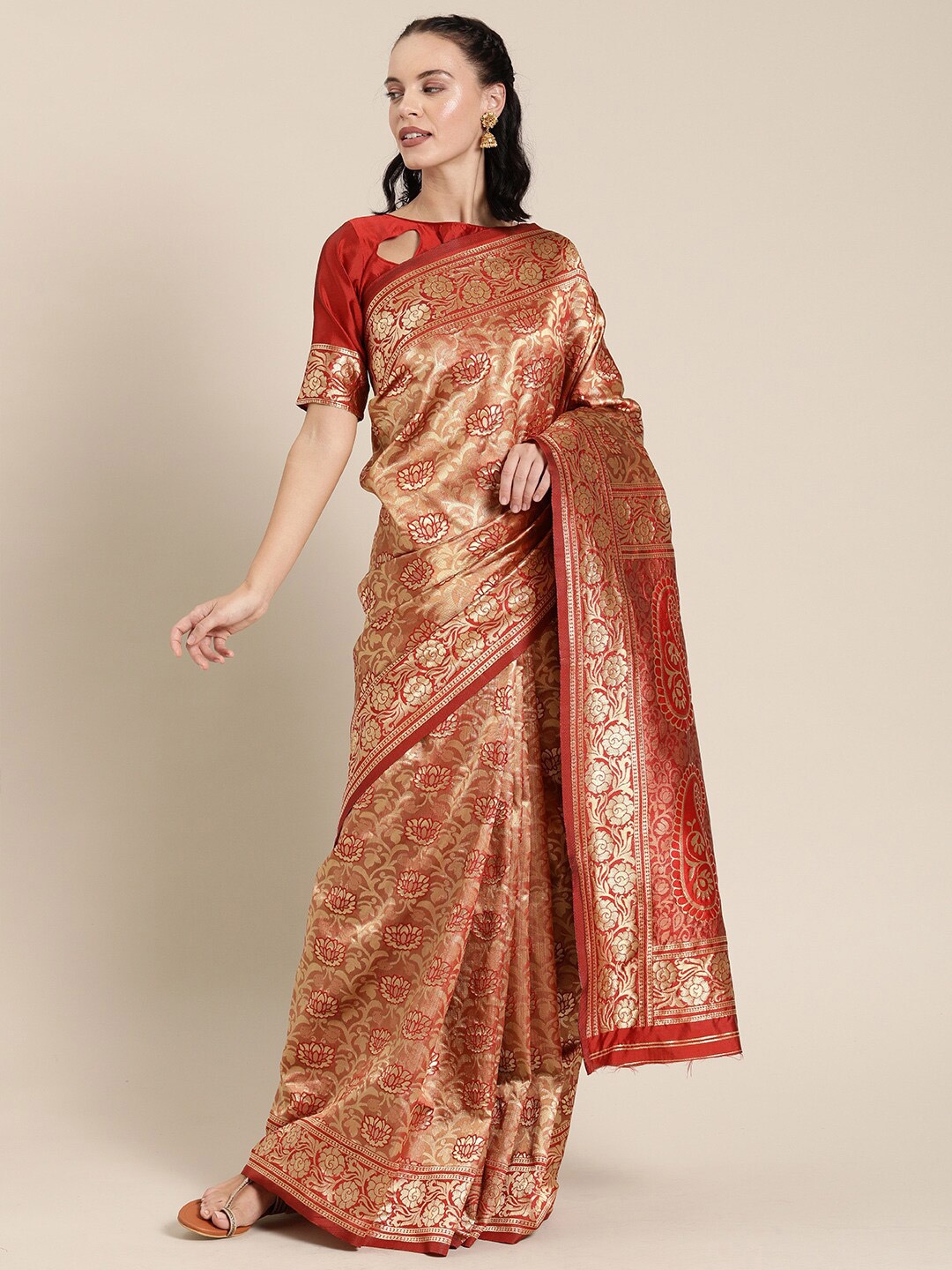 

SHAVYA Maroon & Gold-Toned Woven Design Zari Pure Silk Banarasi Saree