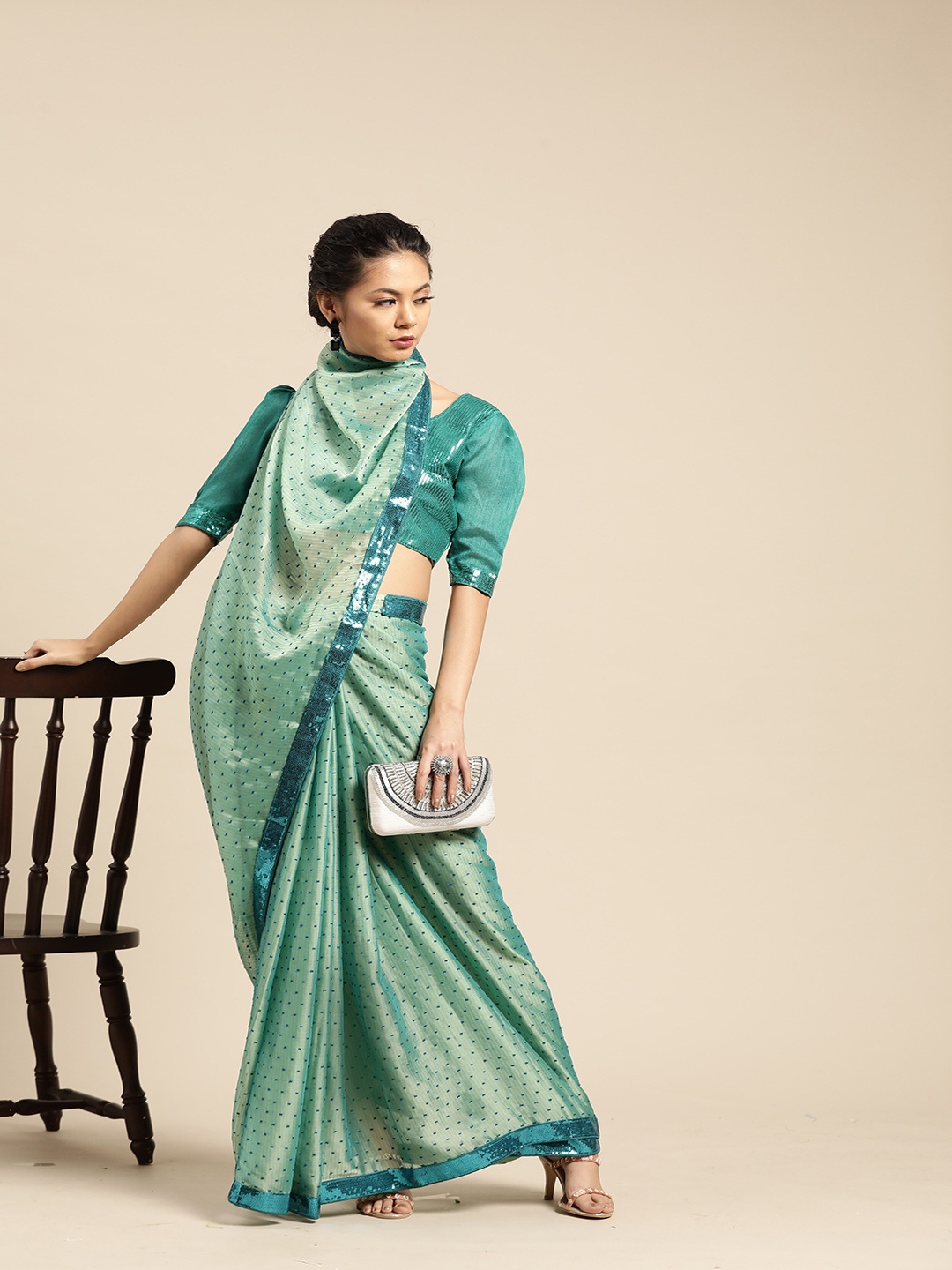 

SHAVYA Blue Embellished Sequinned Silk Blend Saree