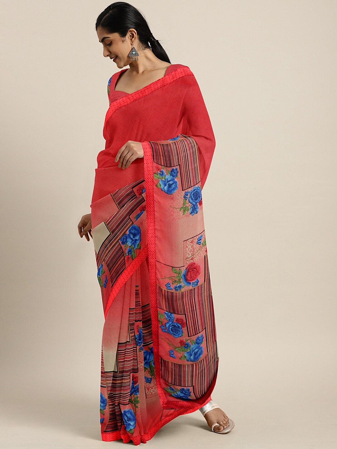 

SHAVYA Red & Blue Embroidered Pure Georgette Saree