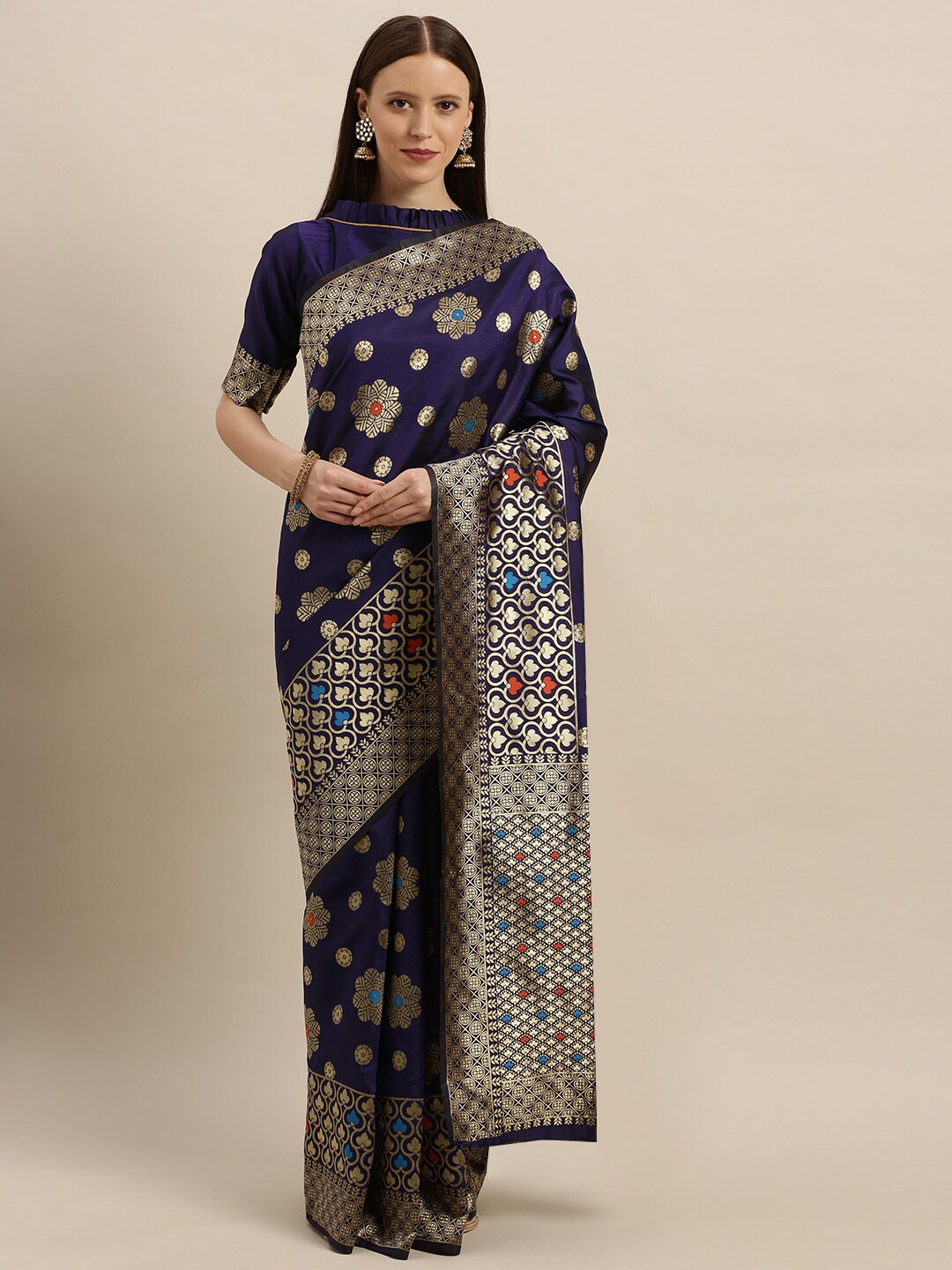 

SHAVYA Navy Blue & Gold-Toned Woven Design Zari Pure Silk Banarasi Saree