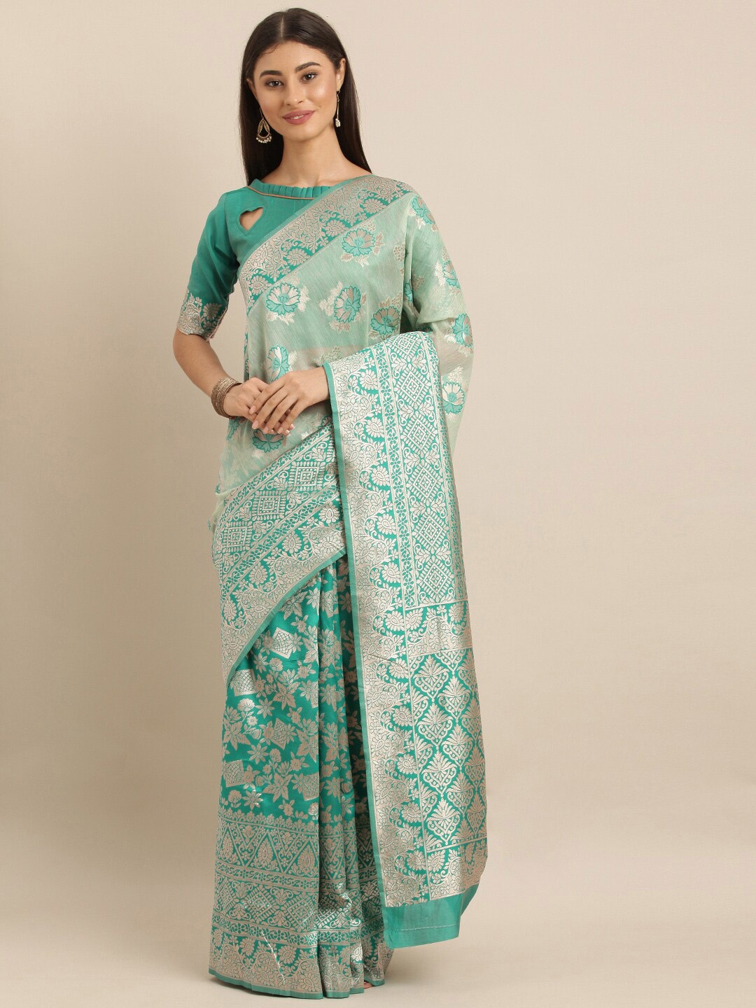 

SHAVYA Turquoise Blue Woven Design Zari Silk Blend Banarasi Saree