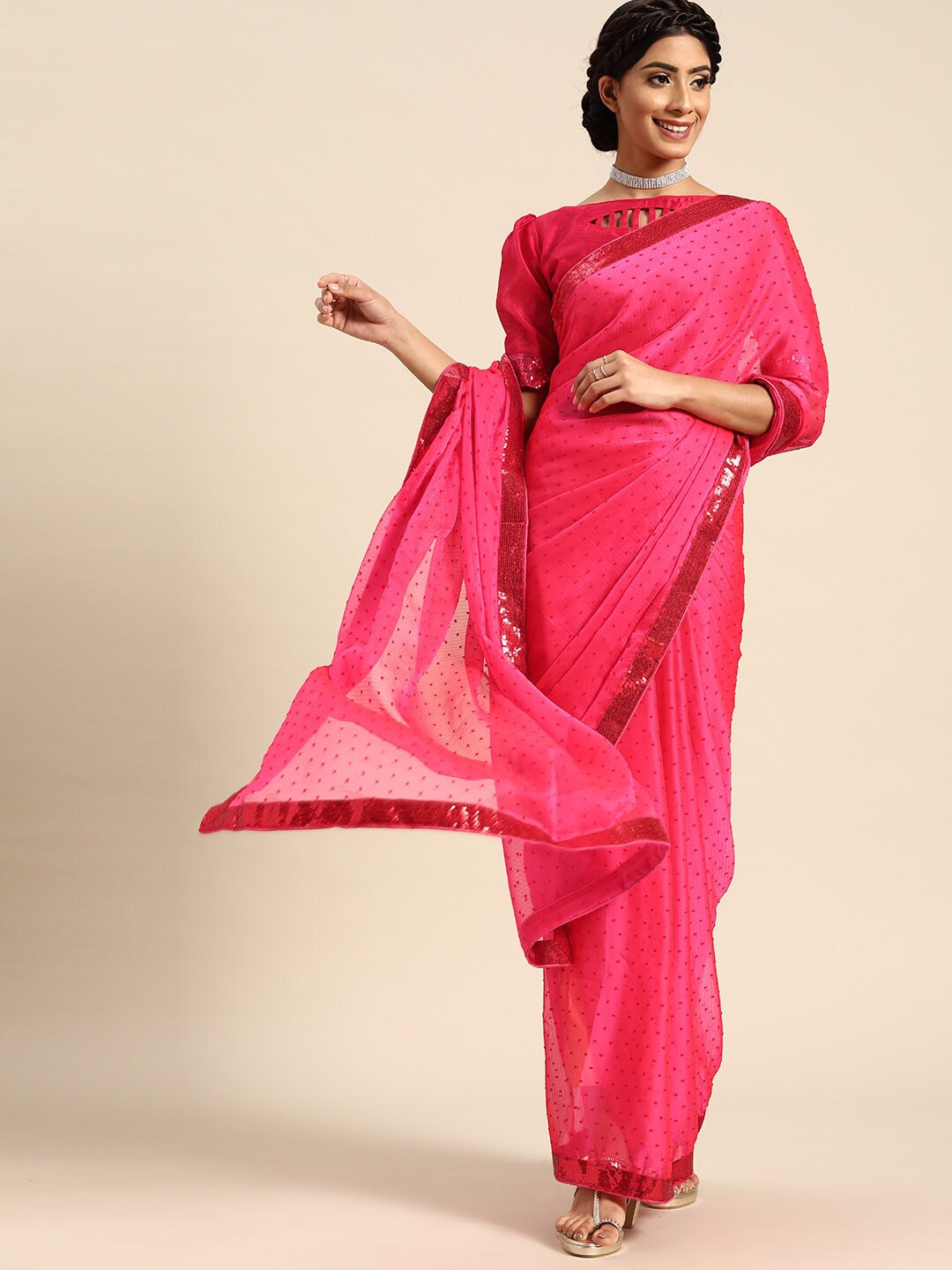 

SHAVYA Fuchsia Embellished Sequinned Silk Blend Saree