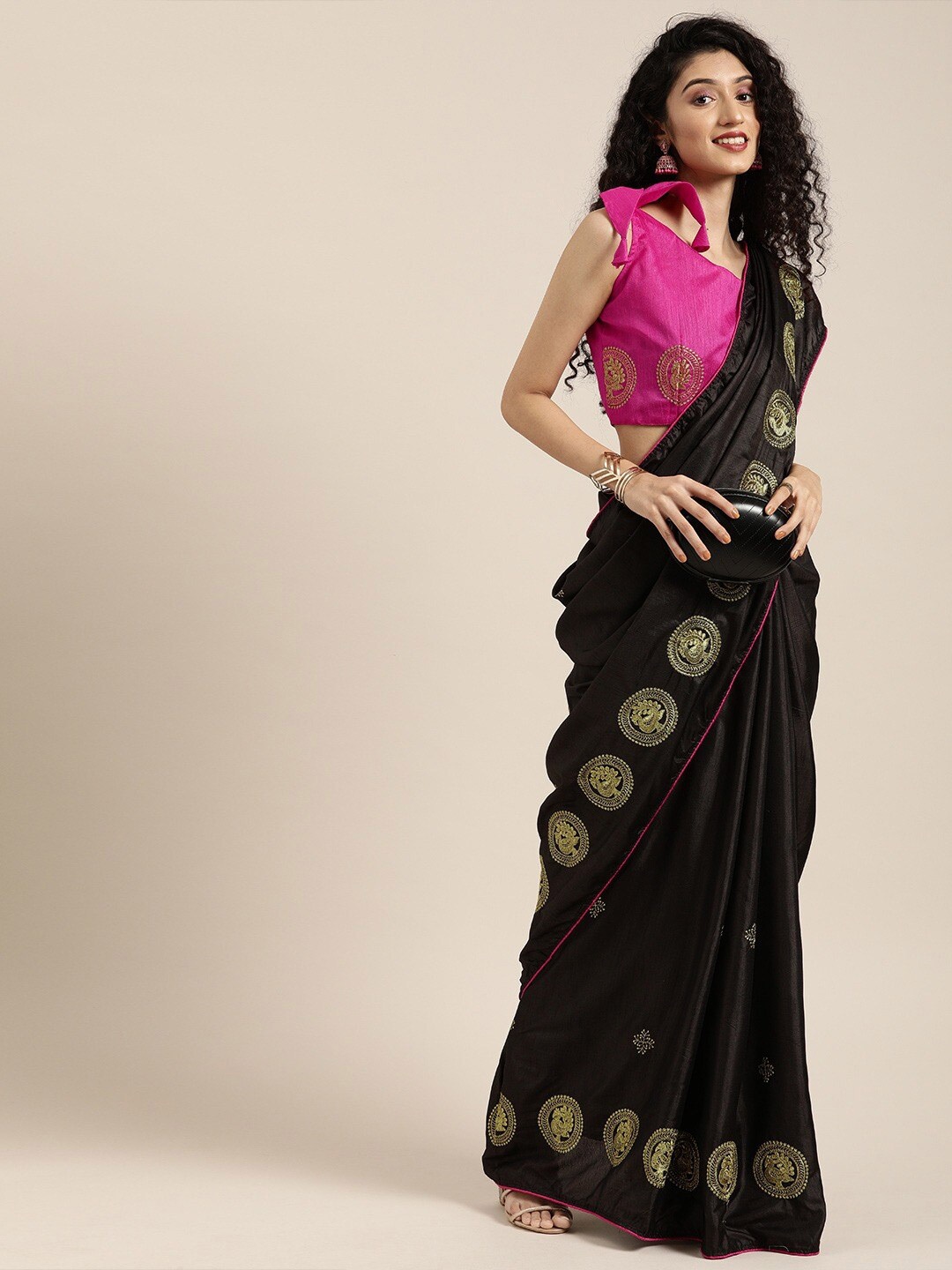 

SHAVYA Black & Gold-Toned Embroidered Silk Cotton Saree