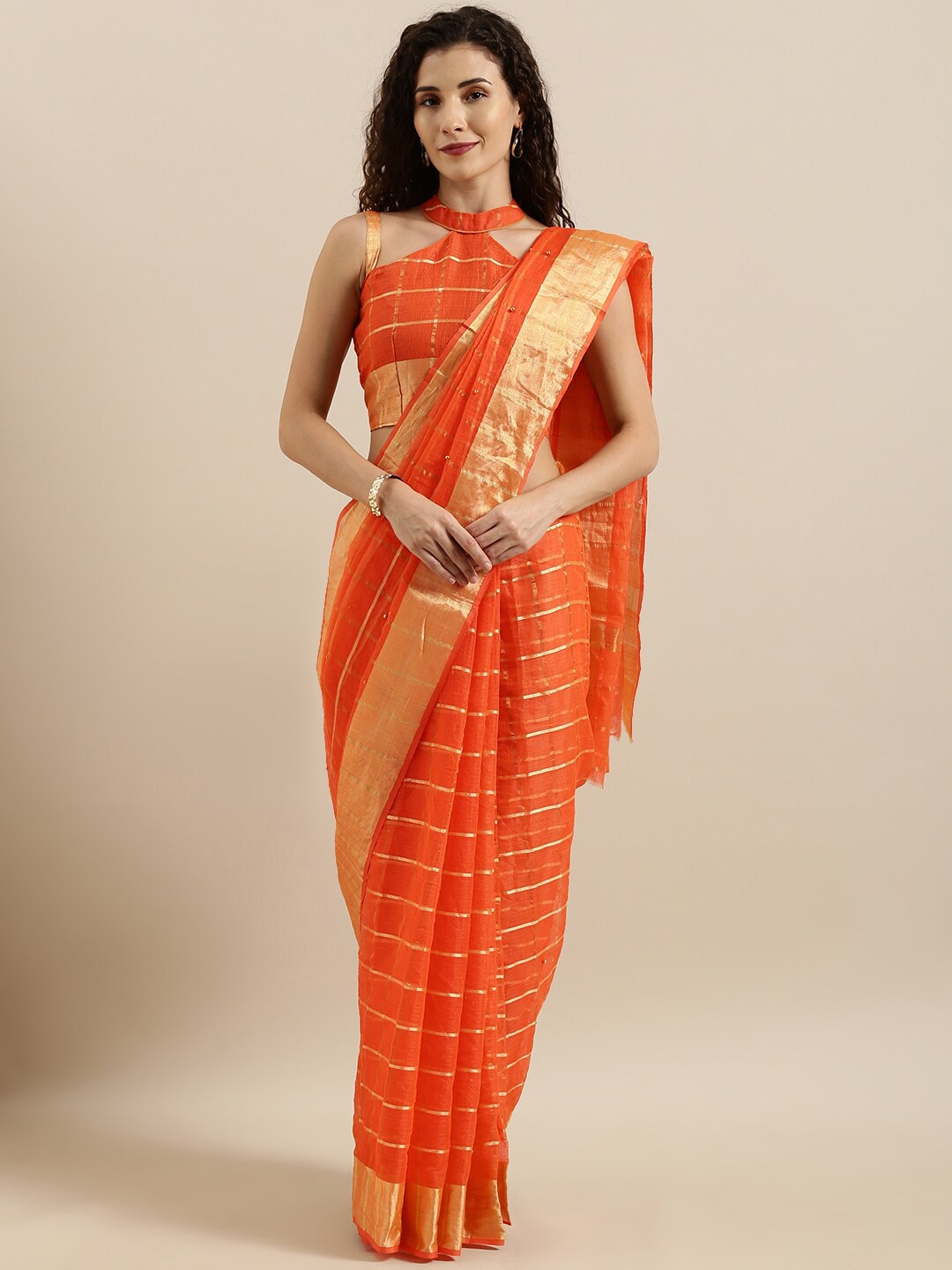 

SHAVYA Orange & Gold-Toned Checked Beads and Stones Jute Cotton Kota Saree