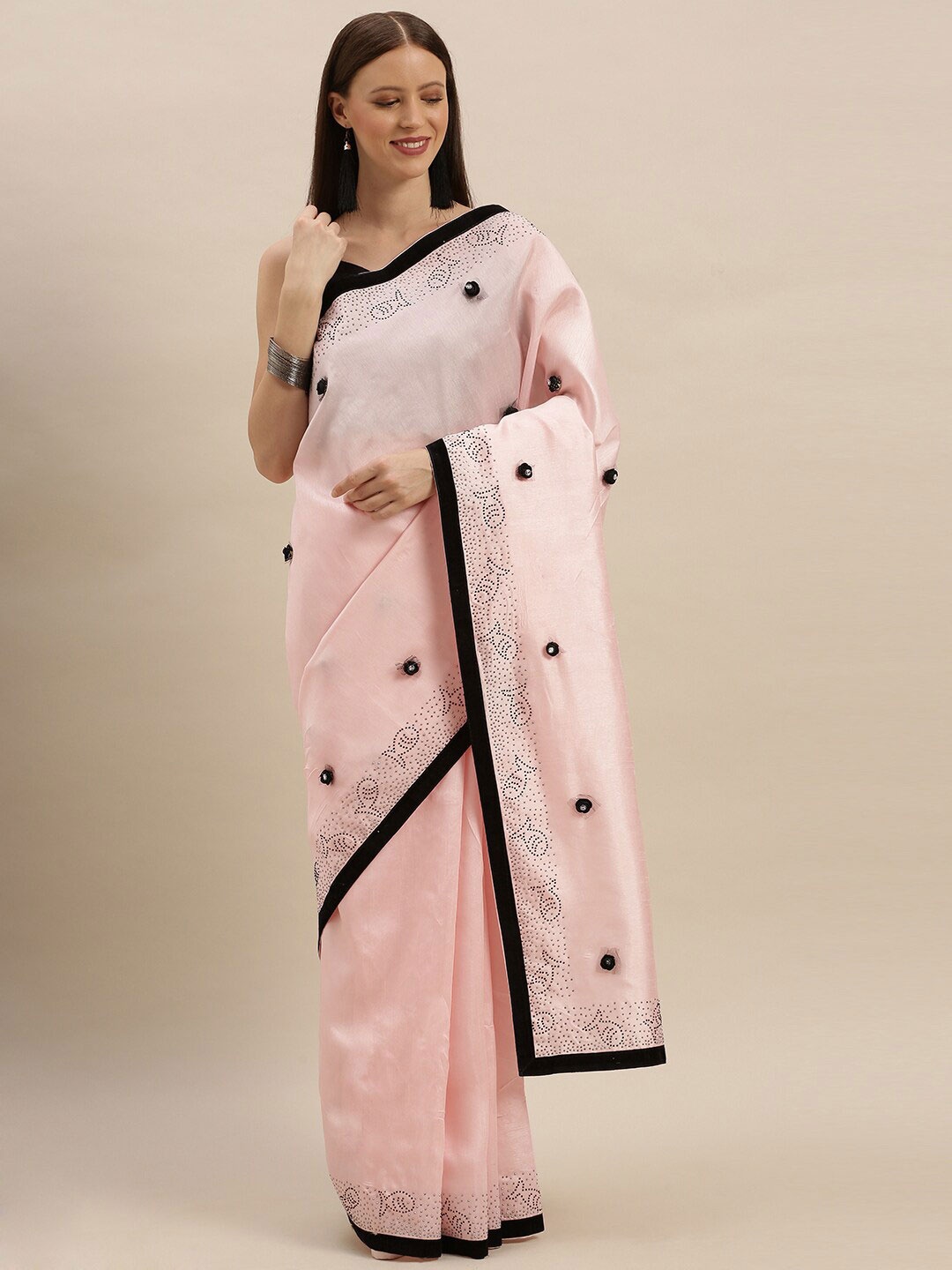 

SHAVYA Pink & Black Embellished Beads and Stones Silk Blend Saree