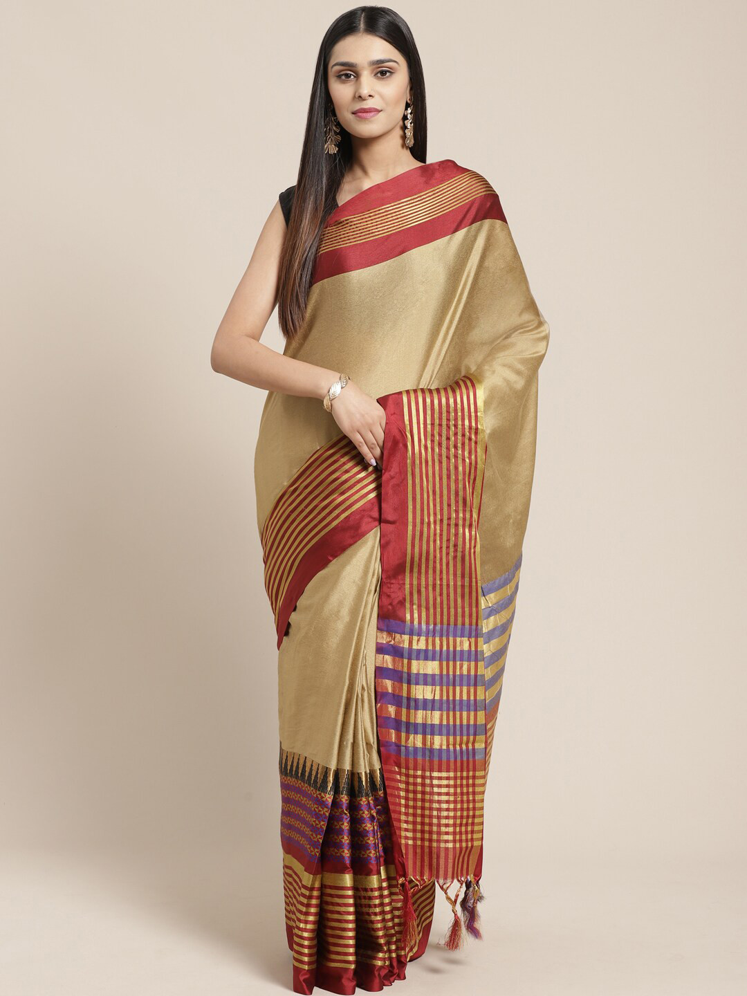 

SHAVYA Beige & Brown Striped Zari Silk Cotton Saree