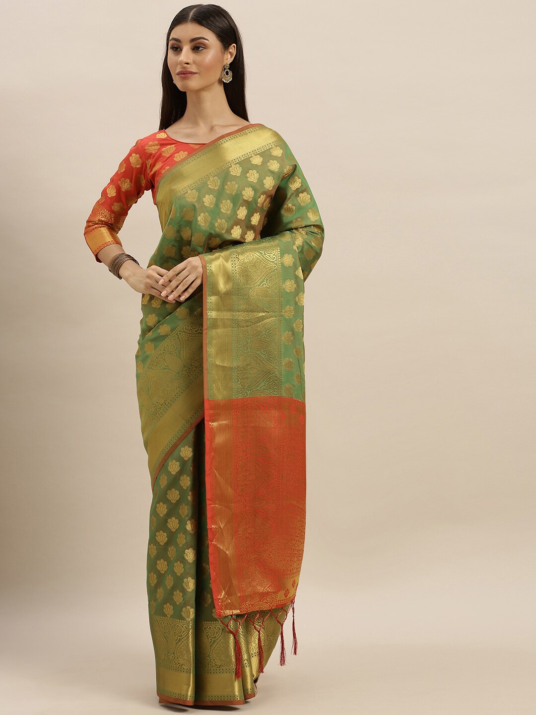 

SHAVYA Green & Orange Woven Design Jaali Pure Silk Heavy Work Banarasi Saree