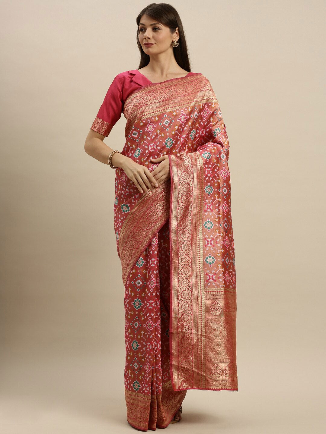 

SHAVYA Red & Gold-Toned Woven Design Zari Silk Blend Banarasi Saree