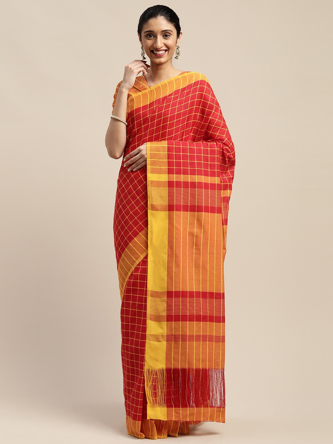 

SHAVYA Red & Orange Striped Saree