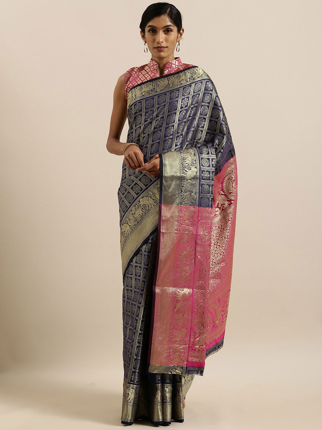 

SHAVYA Blue & Pink Woven Design Zari Pure Silk Heavy Work Patola Saree