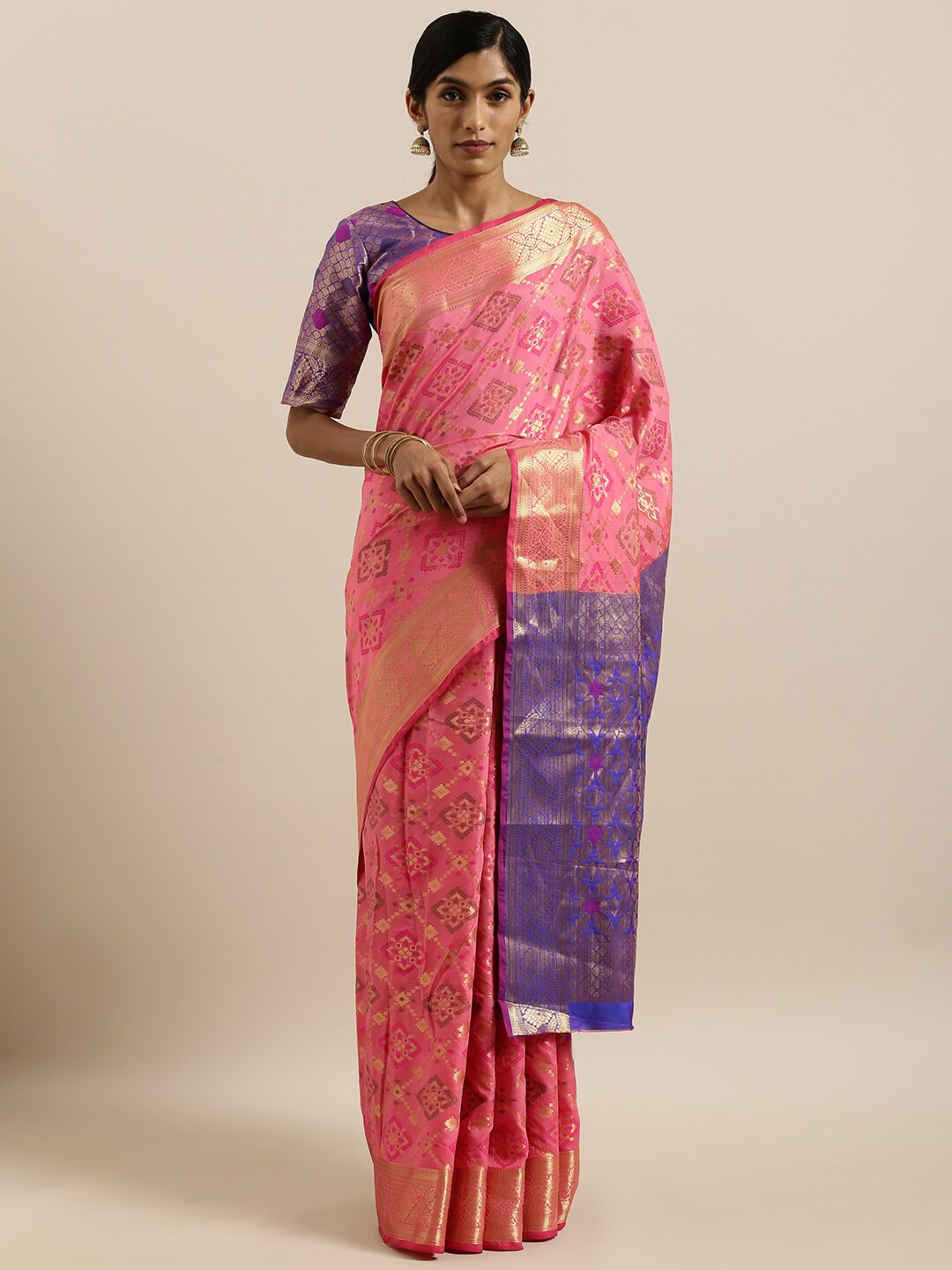 

SHAVYA Rose & Blue Woven Design Kantha Work Pure Silk Heavy Work Patola Saree