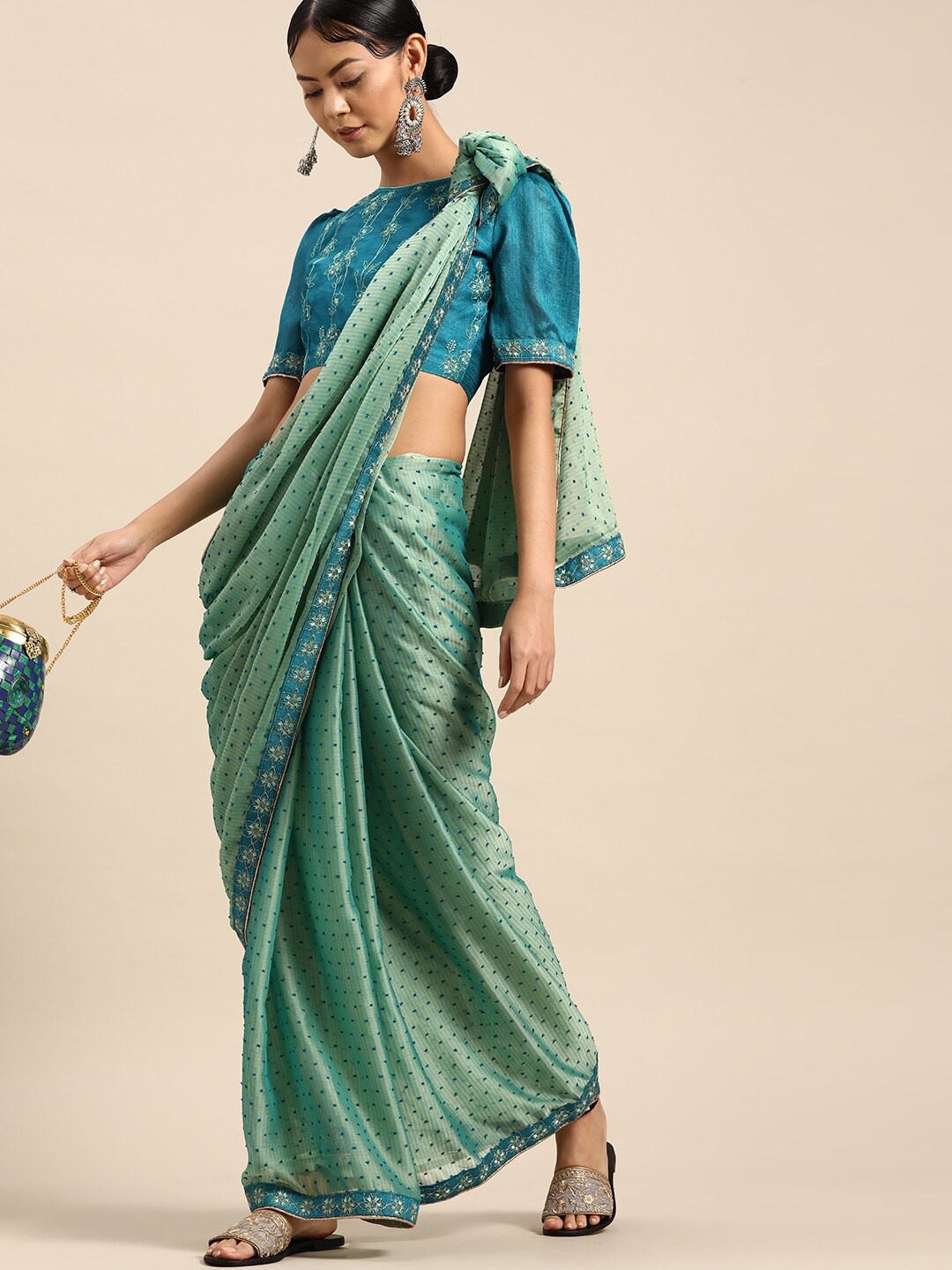 

SHAVYA Turquoise Blue Embellished Embroidered Silk Blend Saree