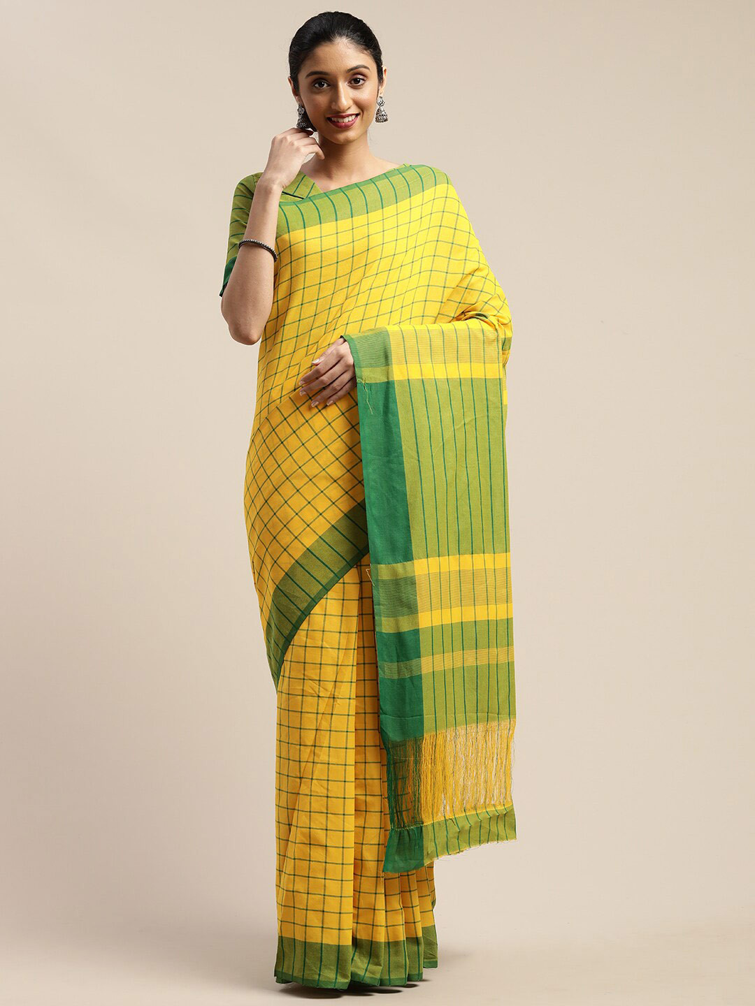 

SHAVYA Yellow & Green Checked Saree