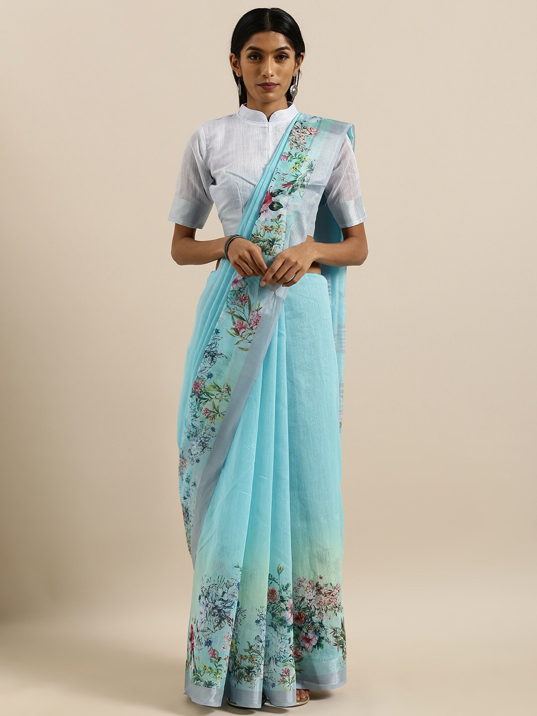 

SHAVYA Turquoise Blue & Pink Floral Zari Pure Linen Saree
