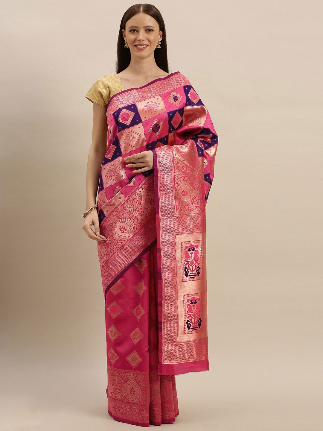 

SHAVYA Pink & Blue Woven Design Zari Pure Linen Banarasi Saree