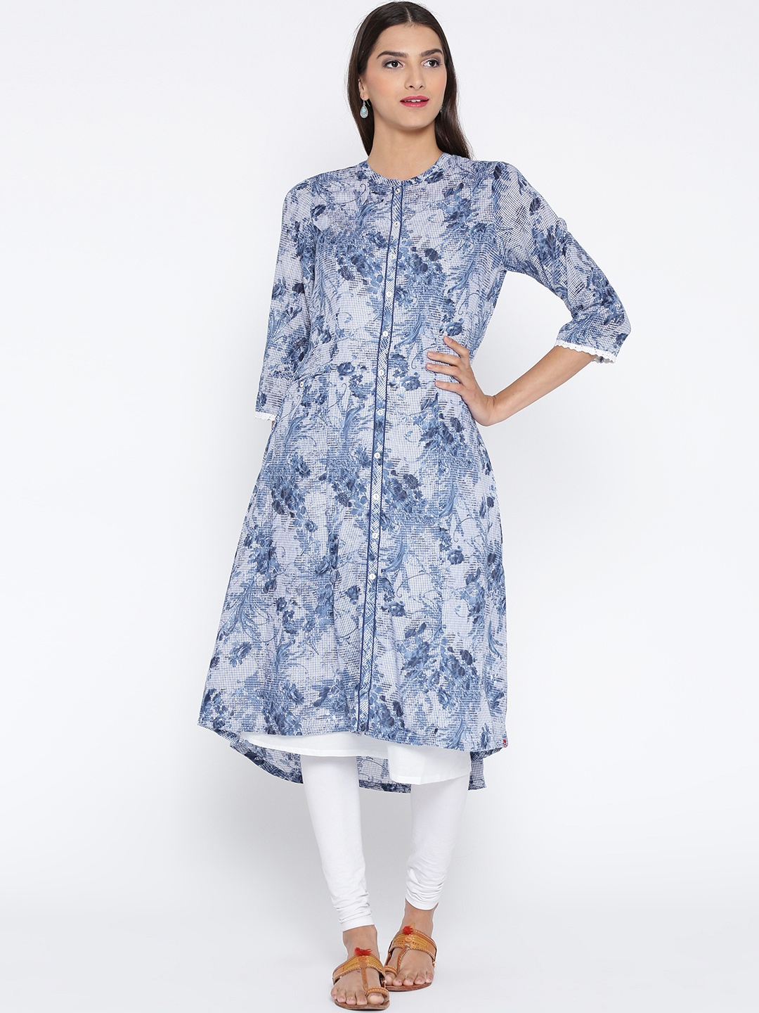 

Biba Women Blue & White Floral Printed Layered A-Line Kurta