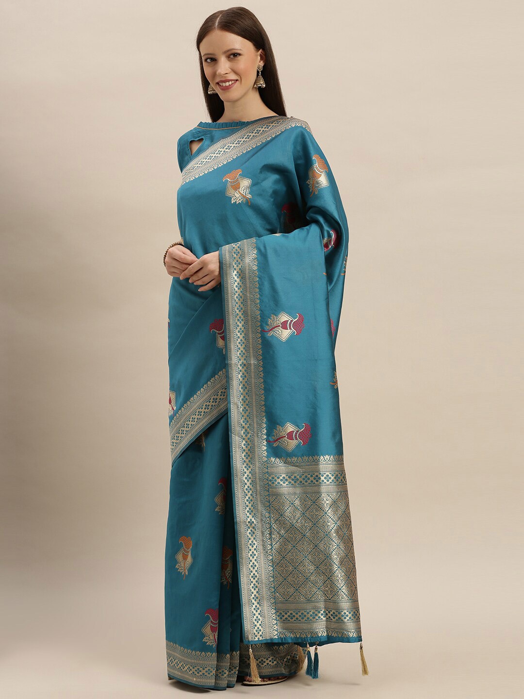

SHAVYA Turquoise Blue & Silver-Toned Woven Design Zari Silk Blend Banarasi Saree