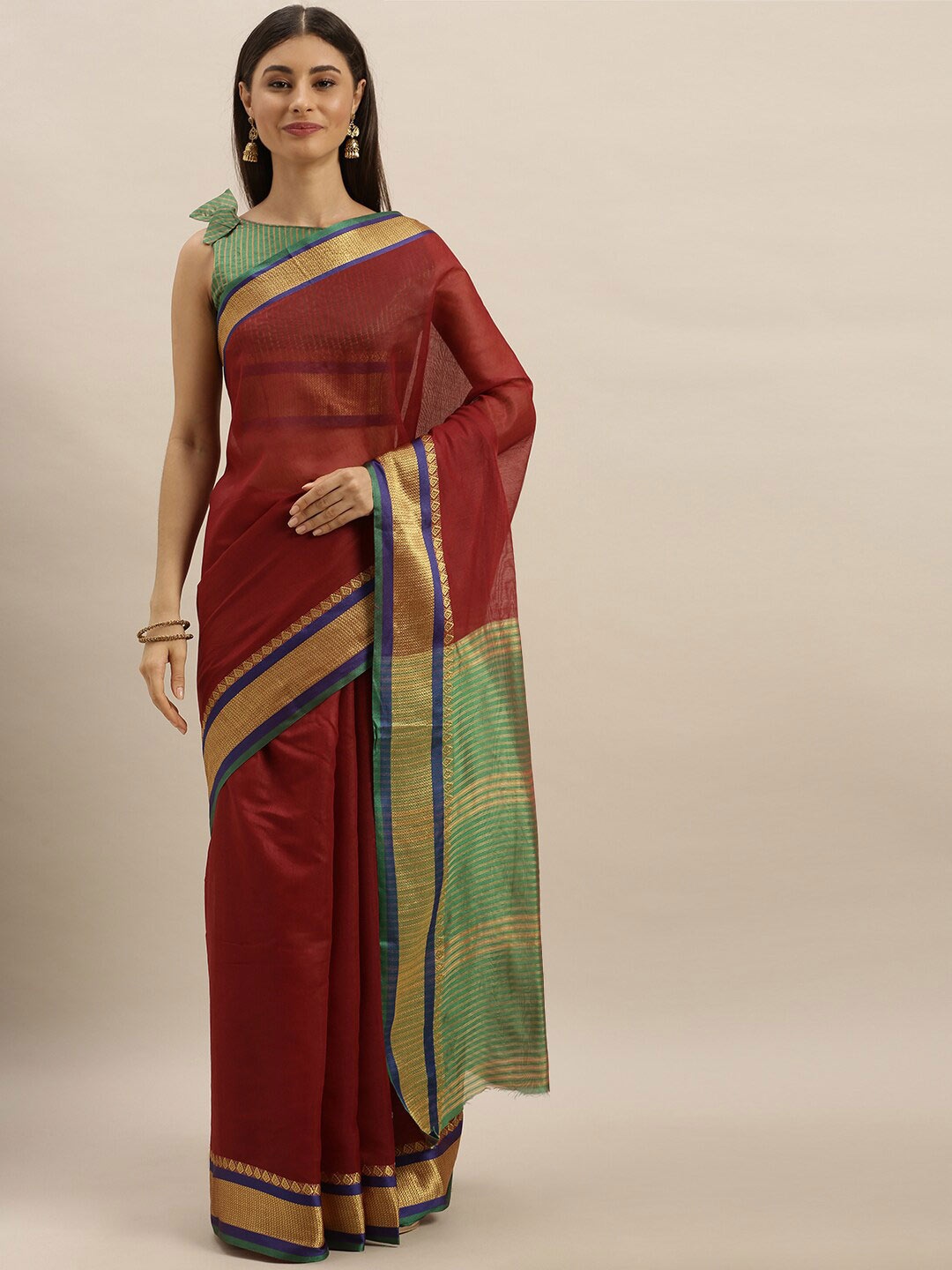 

SHAVYA Maroon & Green Pure Cotton Saree