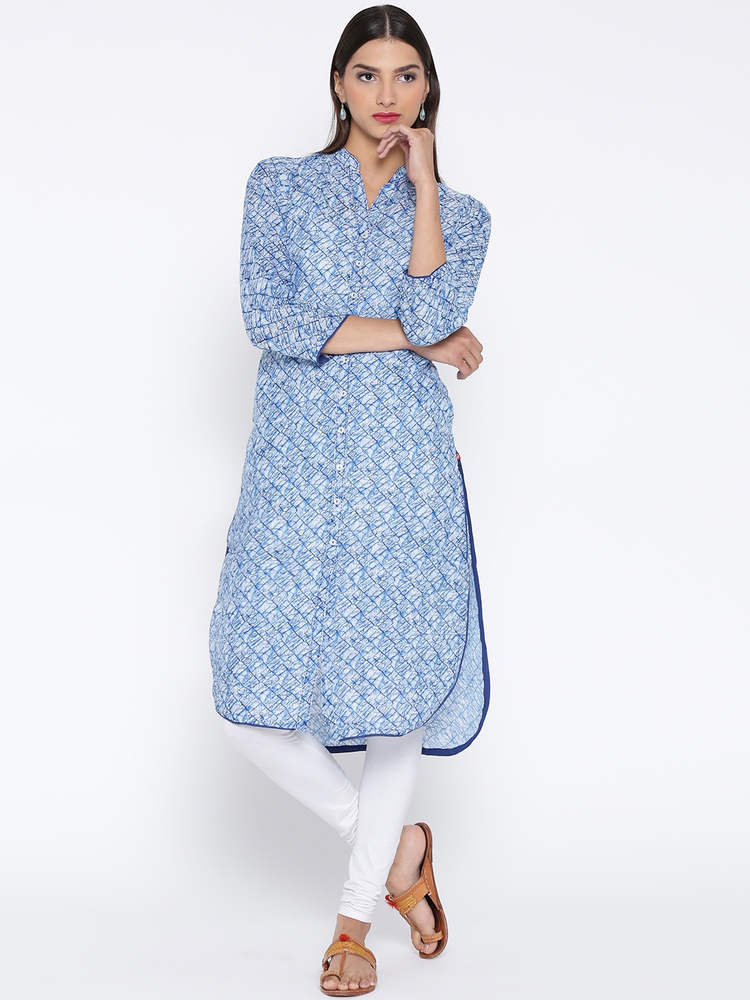 

Biba Women Blue & White Printed Straight Kurta