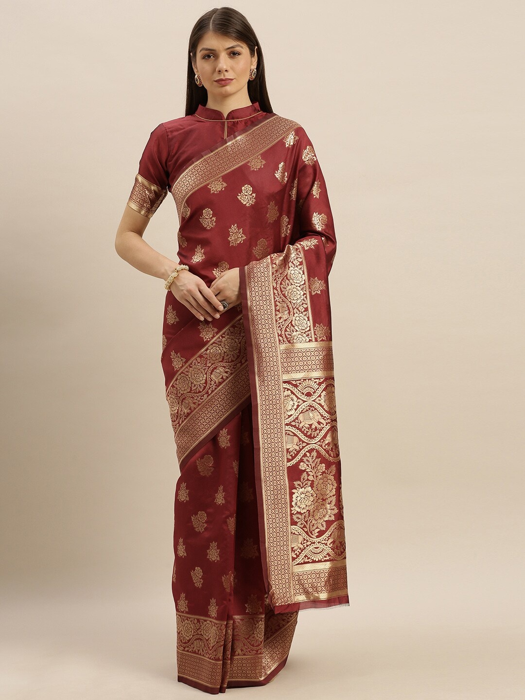 

SHAVYA Maroon & Gold-Toned Woven Design Zari Pure Silk Heavy Work Banarasi Saree