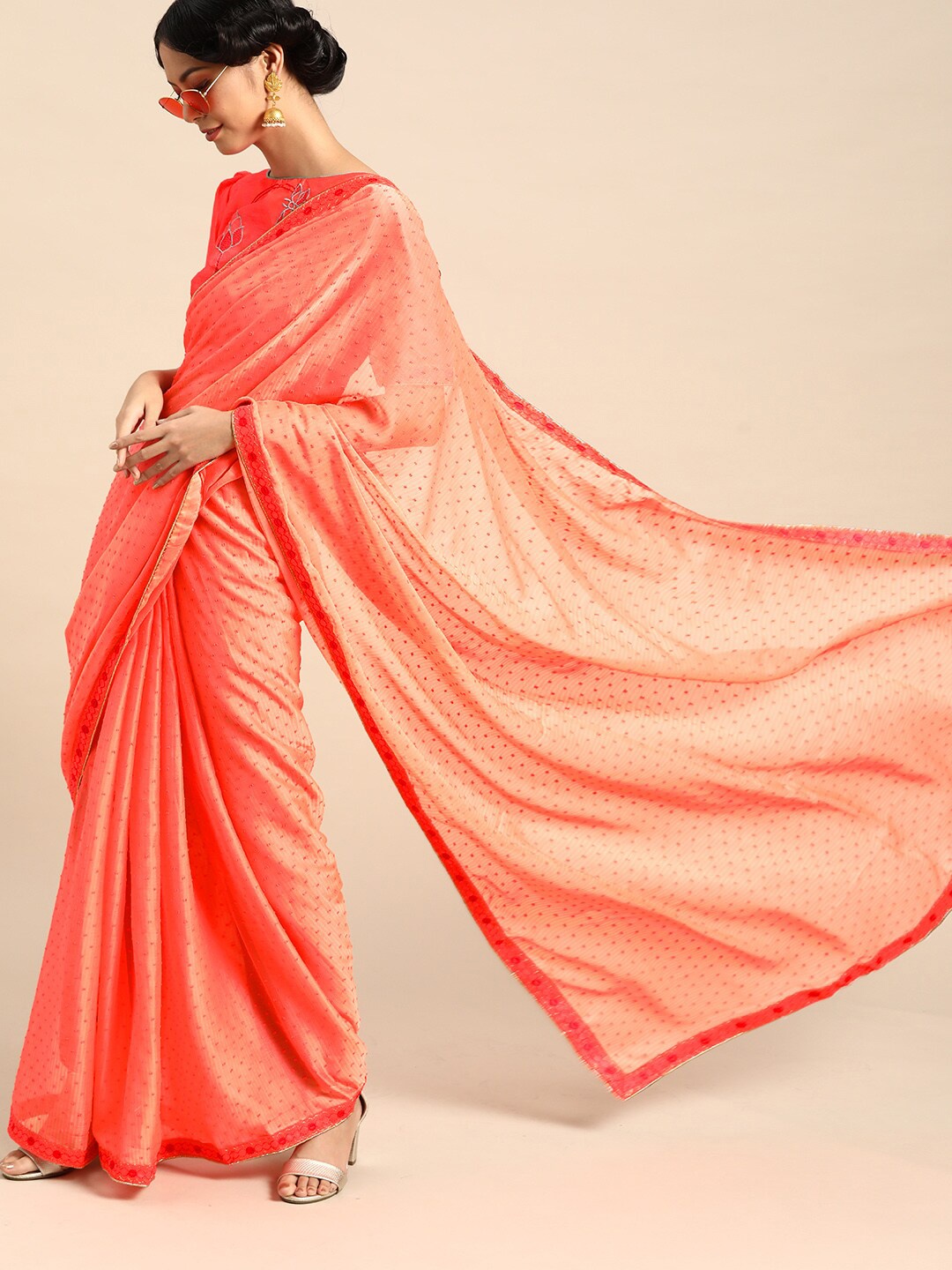 

SHAVYA Peach-Coloured Embellished Sequinned Silk Blend Saree