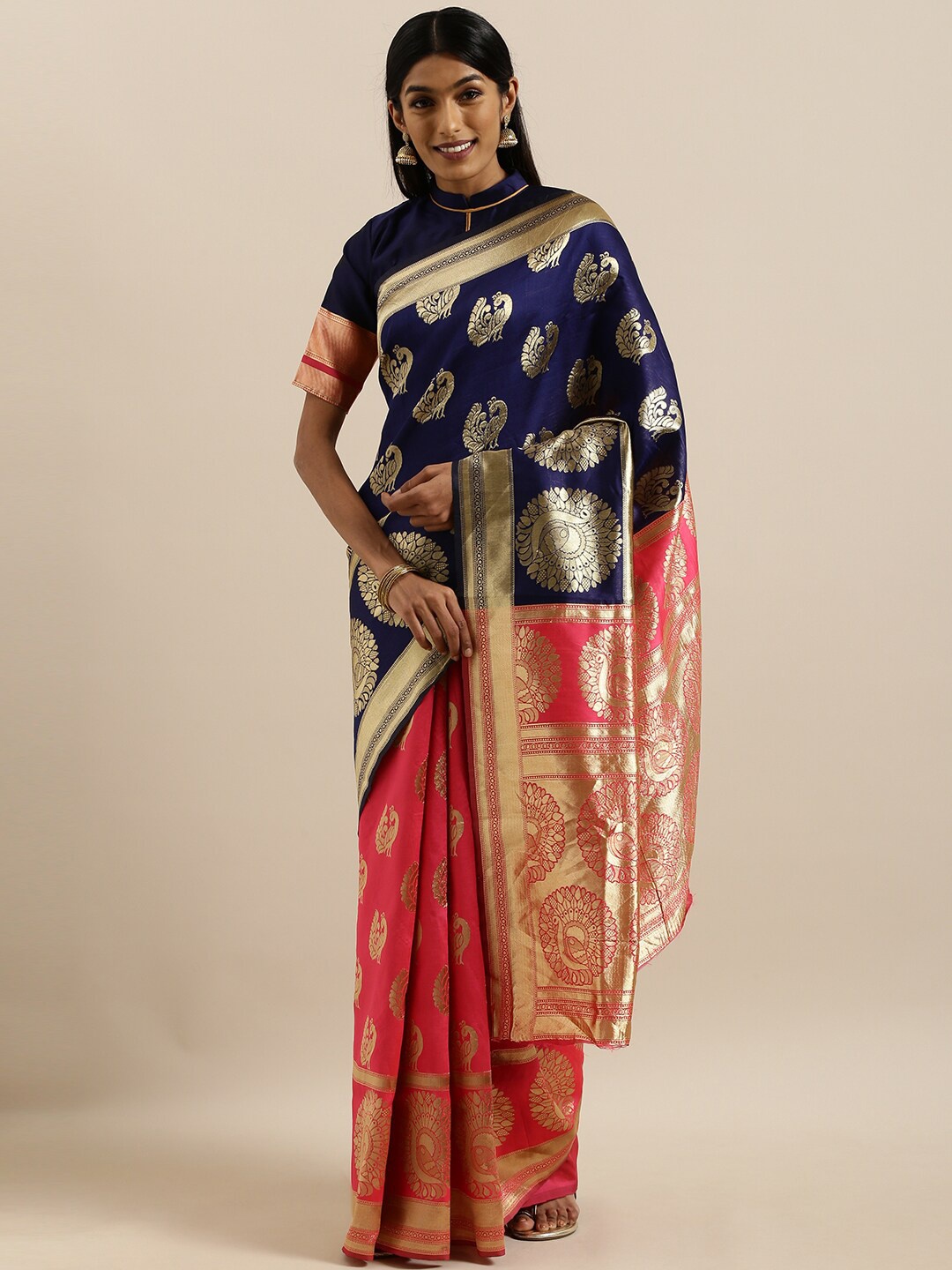 

SHAVYA Blue & Pink Woven Design Zari Pure Silk Heavy Work Banarasi Saree