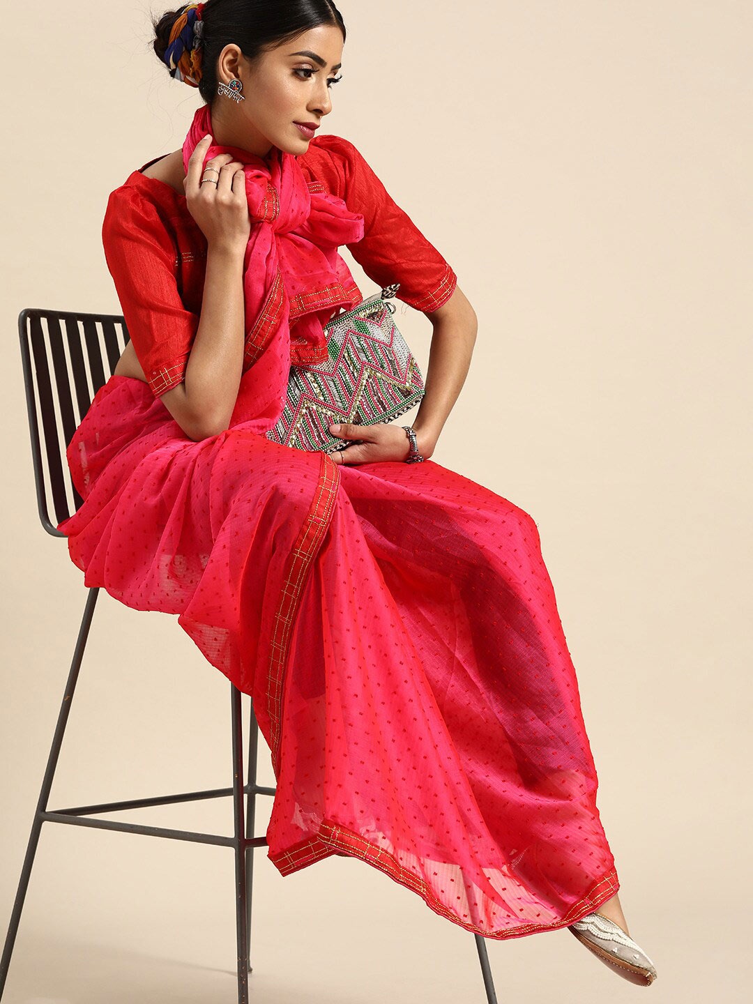 

SHAVYA Fuchsia Embellished Embroidered Silk Blend Saree
