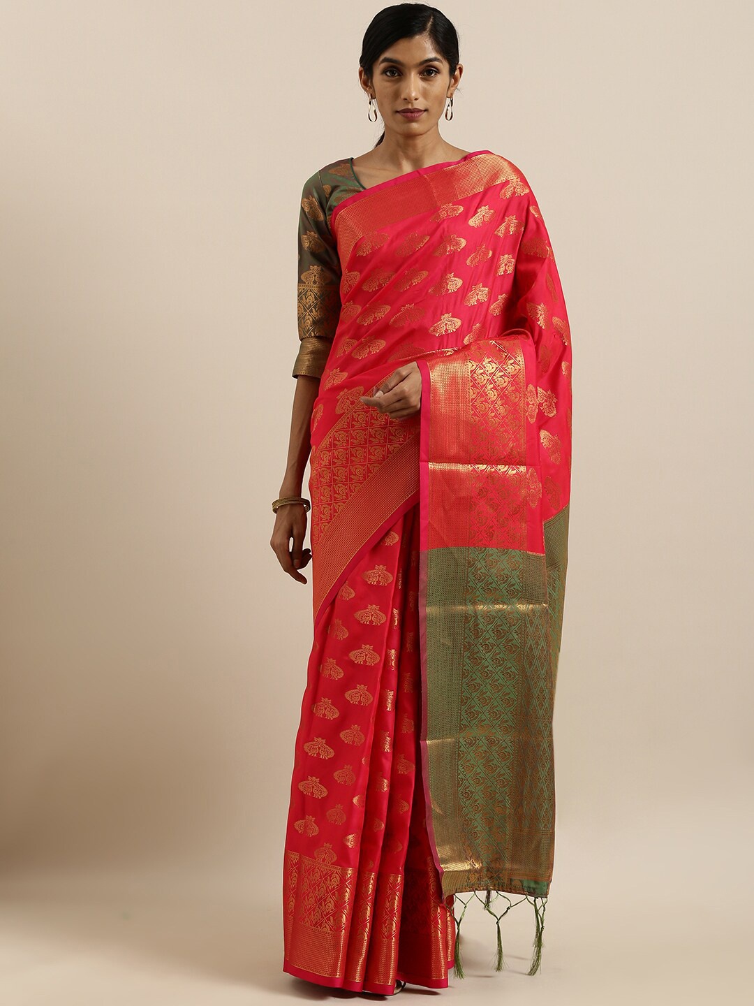 

SHAVYA Red & Gold-Toned Woven Design Jaali Pure Silk Heavy Work Banarasi Saree